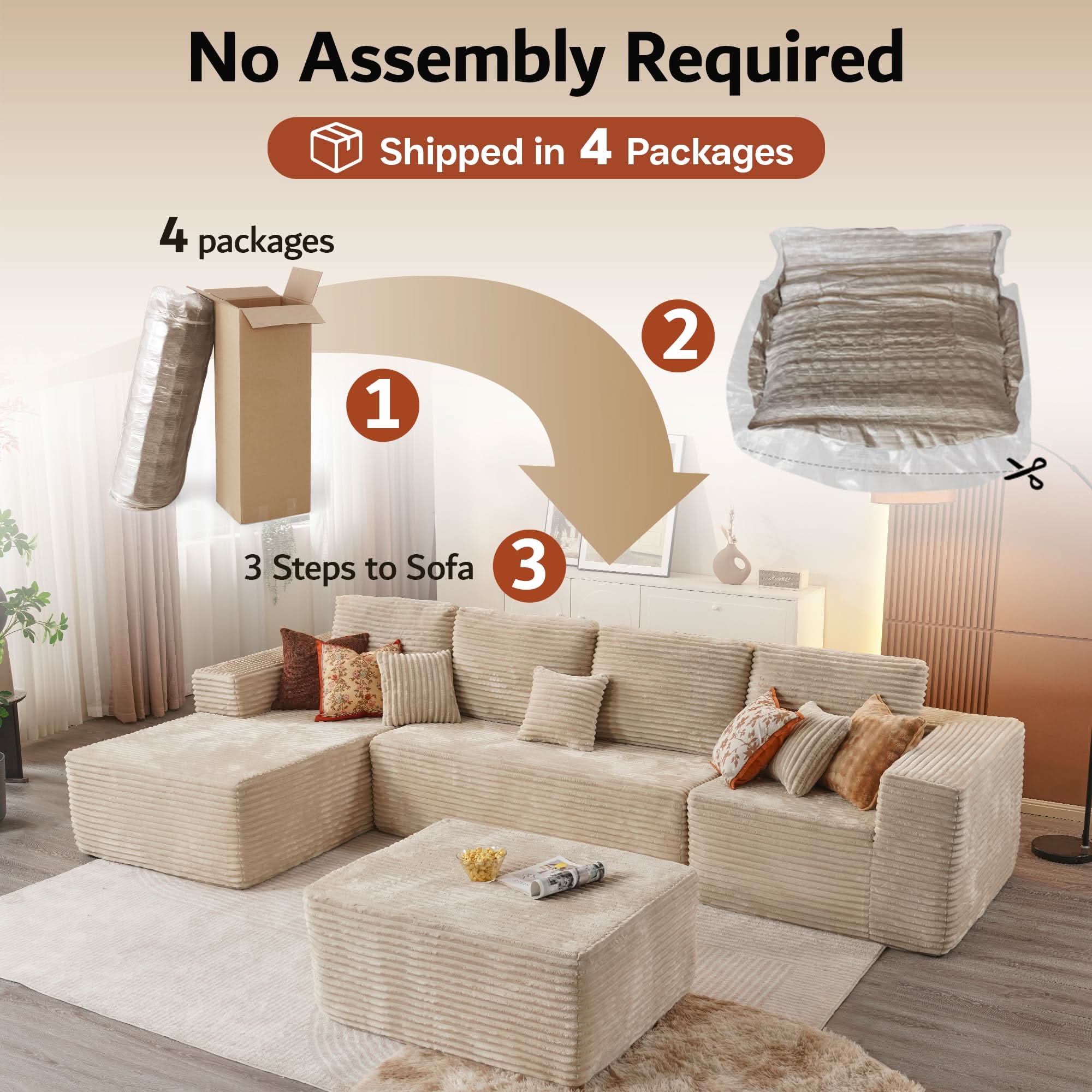 Ovios Sectional Cloud Couch for Living Room, Modular Floor Sofa with Plush Corduroy, No Assembly Required