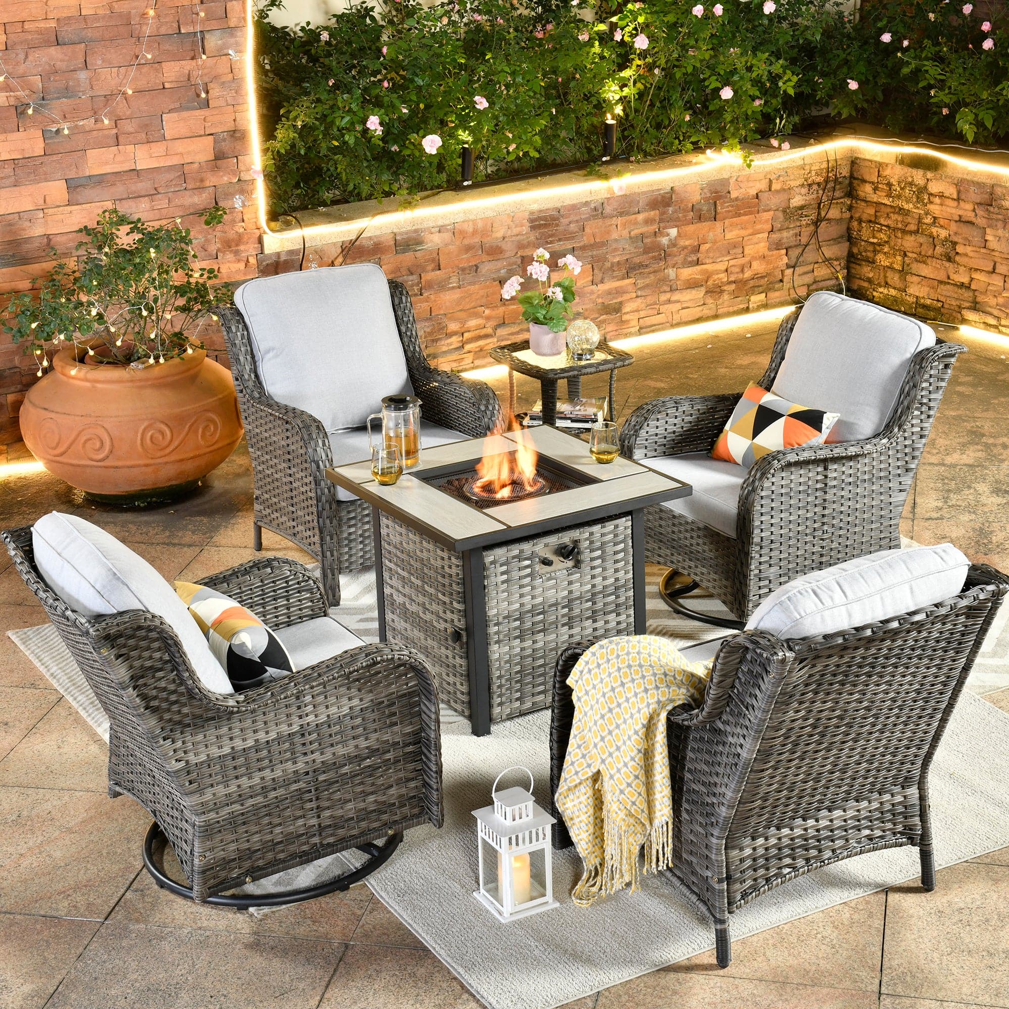 Ovios Outdoor Furniture 6-Piece with 30'' Fire Pit Table and Kenard 2 Rocking Chairs