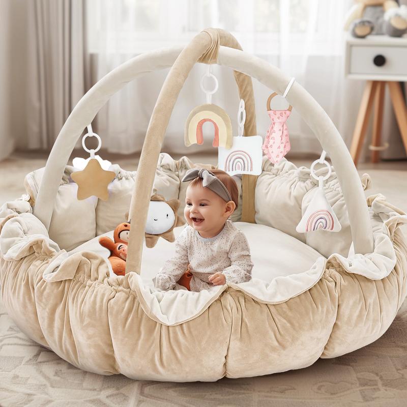 MALLIFY 5-in-1 Thick & Plush Play Gym, Tummy Time Play Mat with 6 Toys, Cat Bed, Dog Bed, Cloudico, 19.29 x 45.28 x 45.28 Inches Tummy Time Comfortable Nursery Development Easy Assembly Mat
