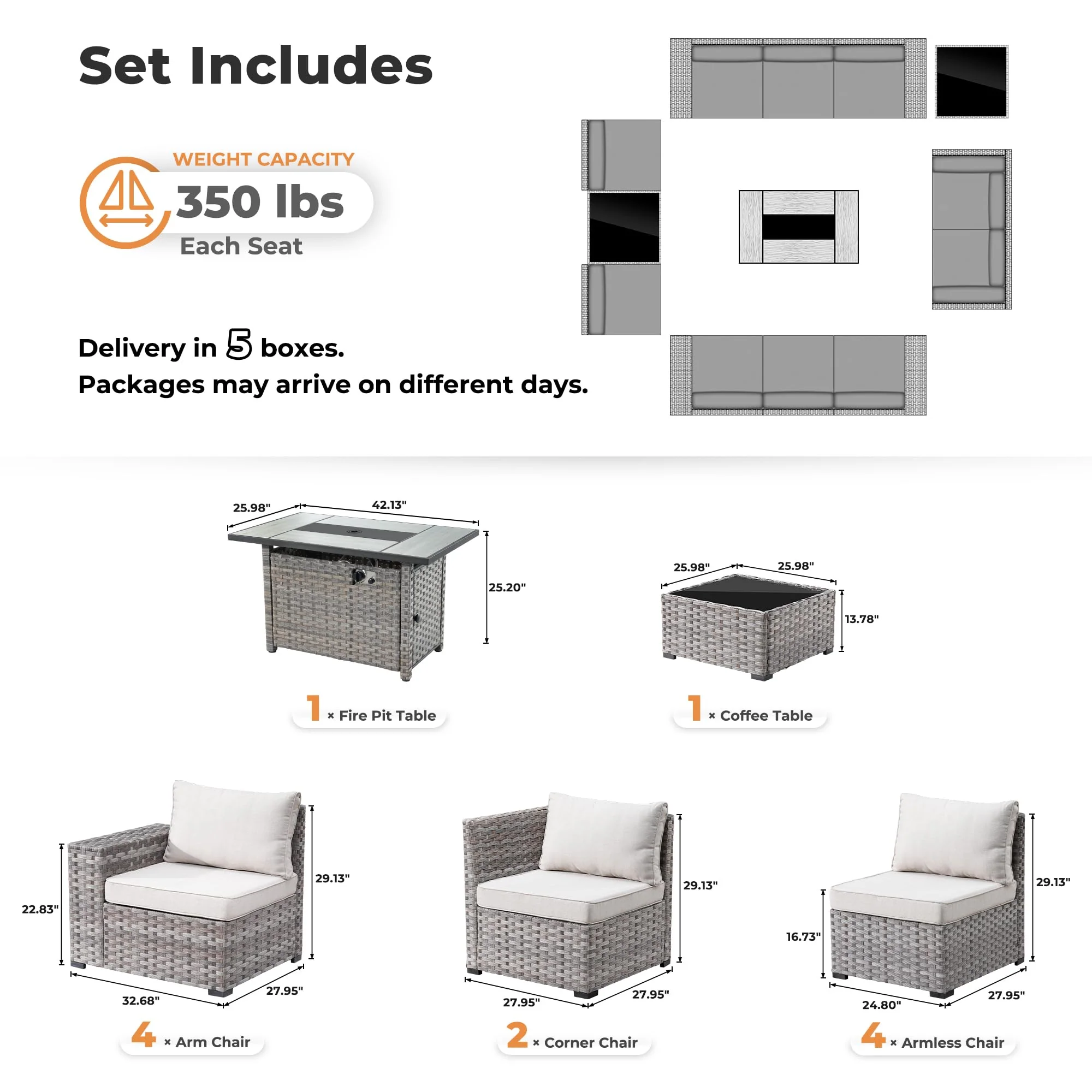 Ovios 13 Pieces Outdoor Furniture with 7.68'' Broad Handrails and Rectangle 42.12'' Fire Pit Table