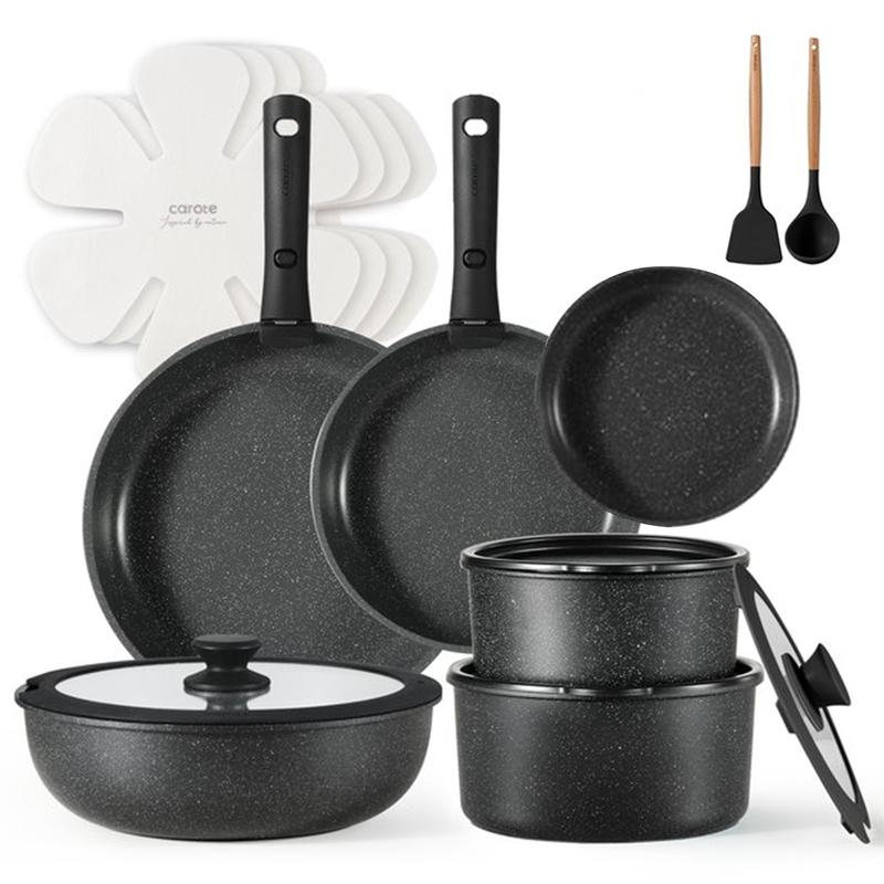 CAROTE 18pcs Detachable Handle Nonstick Cookware Set, Blue/Green/Black/Taupe/White, Pots and Pans, Oven safe Frying Pan, Dishwasher Safe