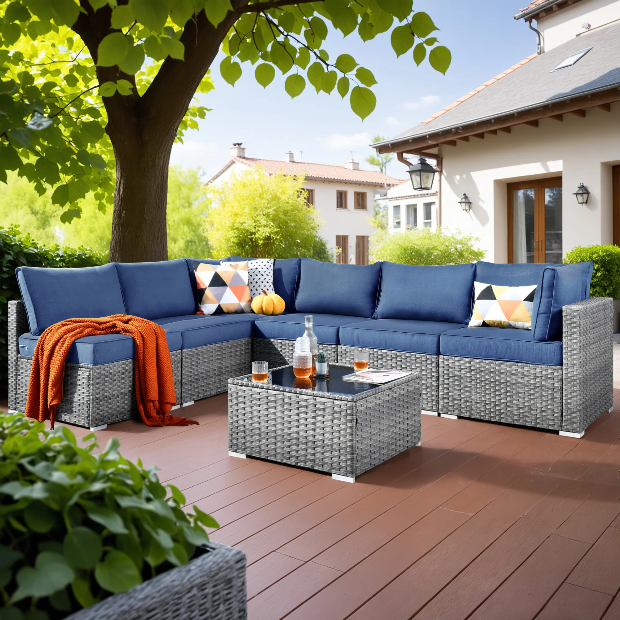 Ovios Outdoor Sectional Furniture 7-Piece with Cushions and Table