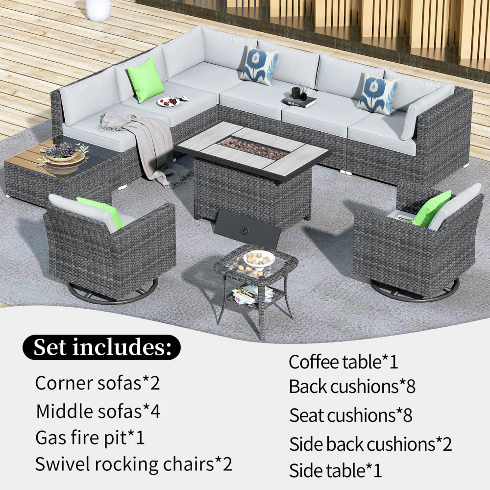 Ovios Patio Furniture 11-Piece Outdoor Sectional Sofa Set with Wicker Rocking Swivel Chairs and 42.12'' Fire Pit