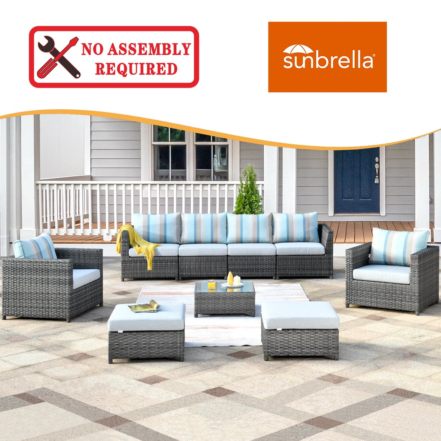 Ovios Outdoor Furniture Bigger Size 9-Piece with Grey Sunbrella, Fully Assembled, King Series, with 2 Chairs