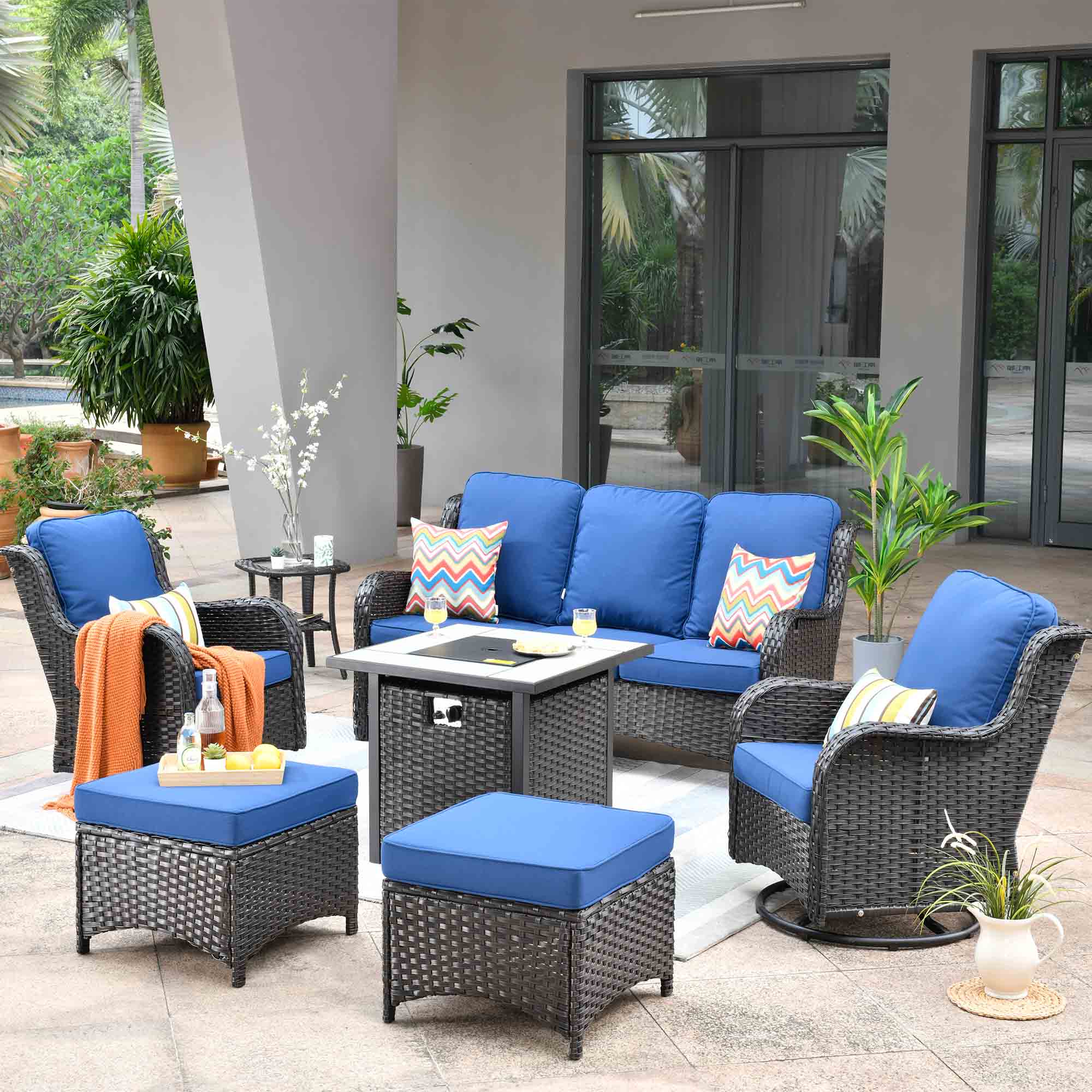 Ovios Outdoor Furniture 7-Piece with 30'' Fire Pit Table and Kenard 2 Rocking Chairs