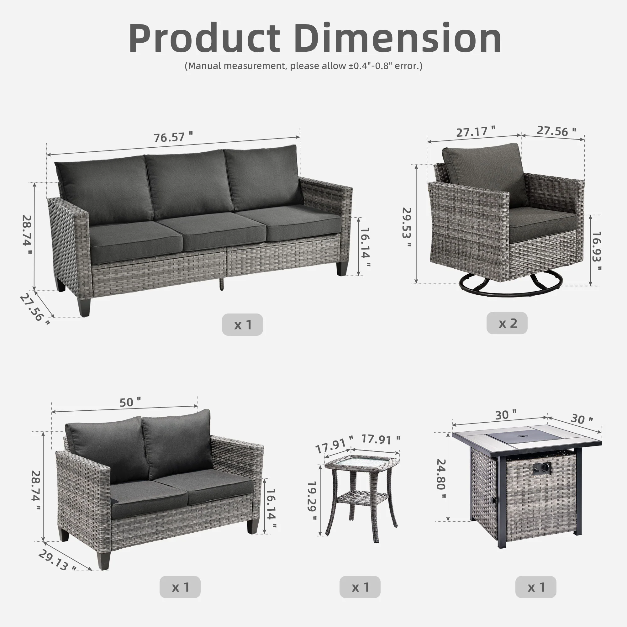 Ovios Patio Vultros 6-Piece Set With Swivel Chair Lover seat and 30'' Propane Fire Pit Table