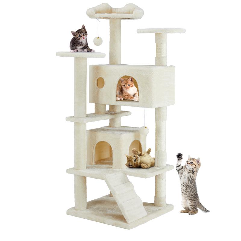 PetTrove Cat Tree Tower for Indoor Cats, 54in Tall Multi-Level Pet Furniture, Stable Kitty Play House with Sisal Scratching Post, Large Condo, Climbing Ladder, Plush Toy for Kitten cat treehouse