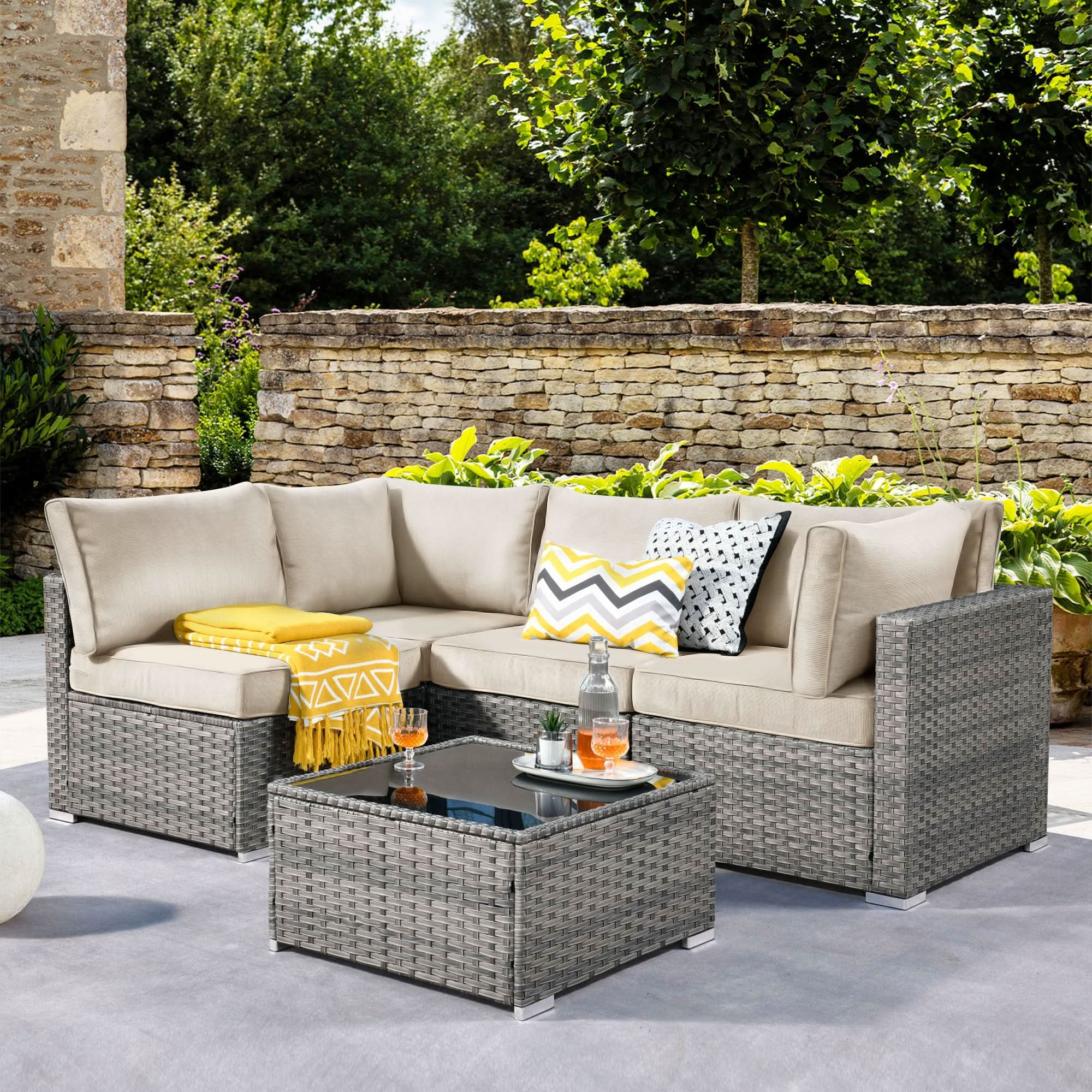 Ovios Outdoor 5 Piece Coversation Set with Coffee Table,Sectional Patio Furniture Set with All-Weather Wicker Sofa