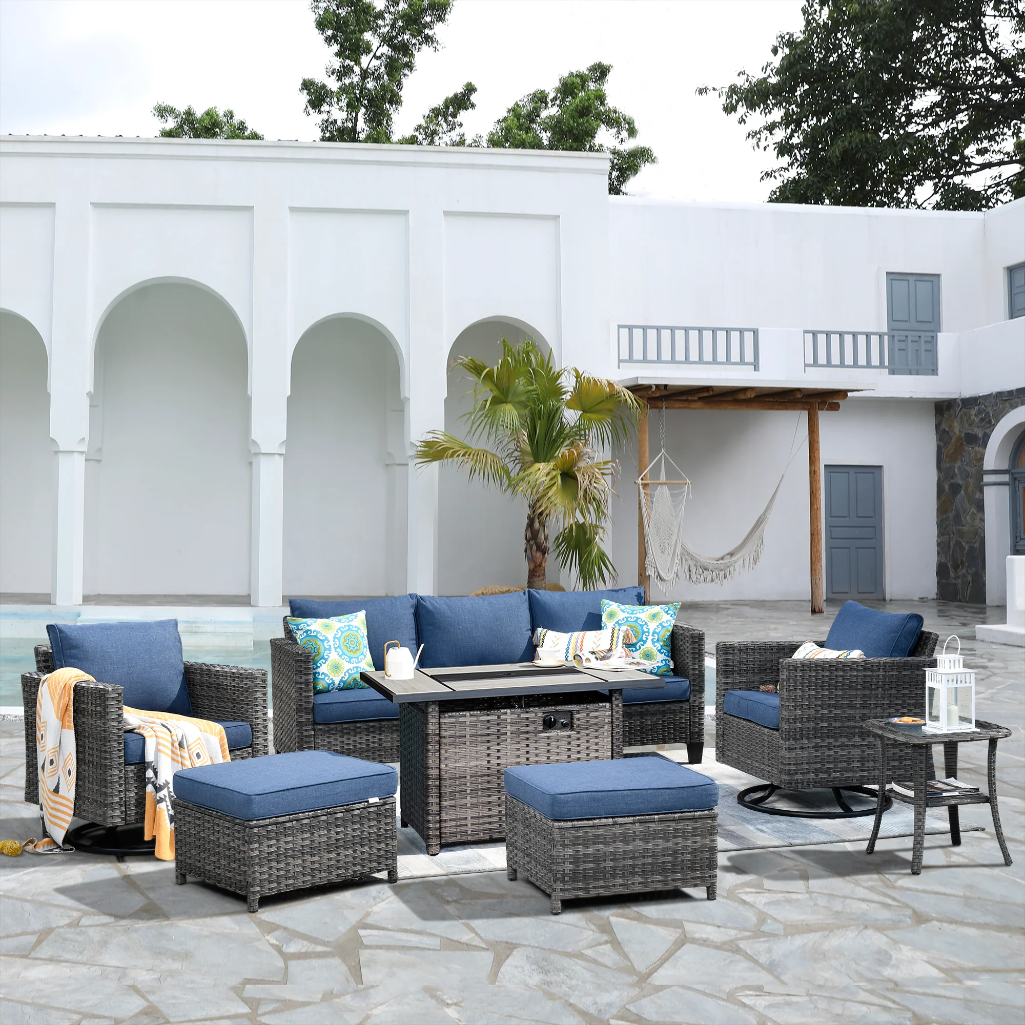 Ovios Patio Vultros 7-Piece Set With Swivel Chair and Rectangle 42'' Propane Fire Pit Table