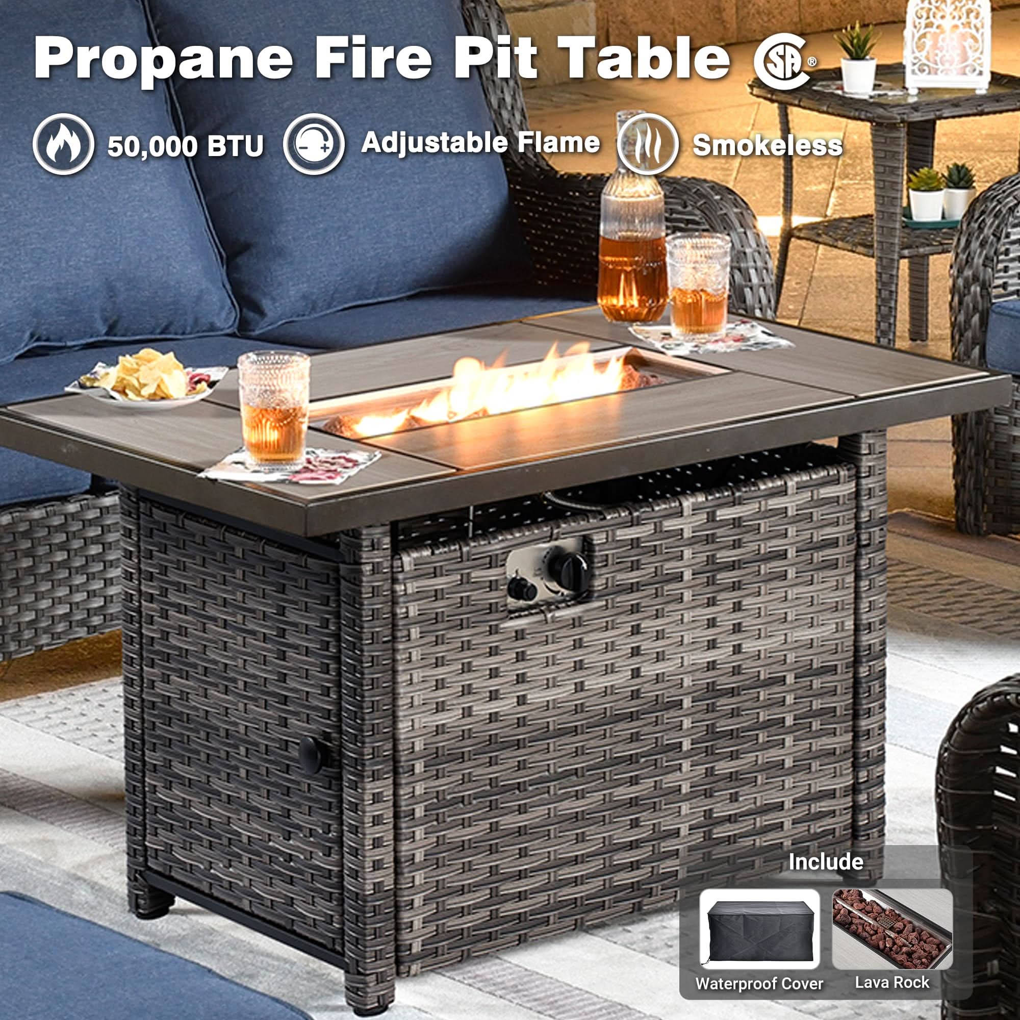 Ovios 10 Pieces Patio Furniture Set with Fire Pit Table Outdoor Wicker Sofa Loveseat and Swivel Rocking Glider Chairs