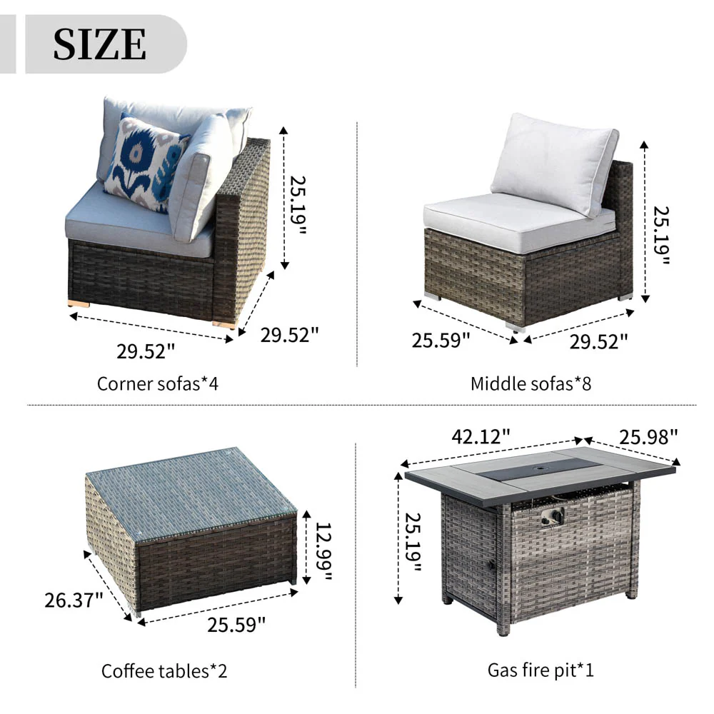 Ovios Patio Furniture Set 15-Piece with 42.12'' Fire Pit and Glass Table