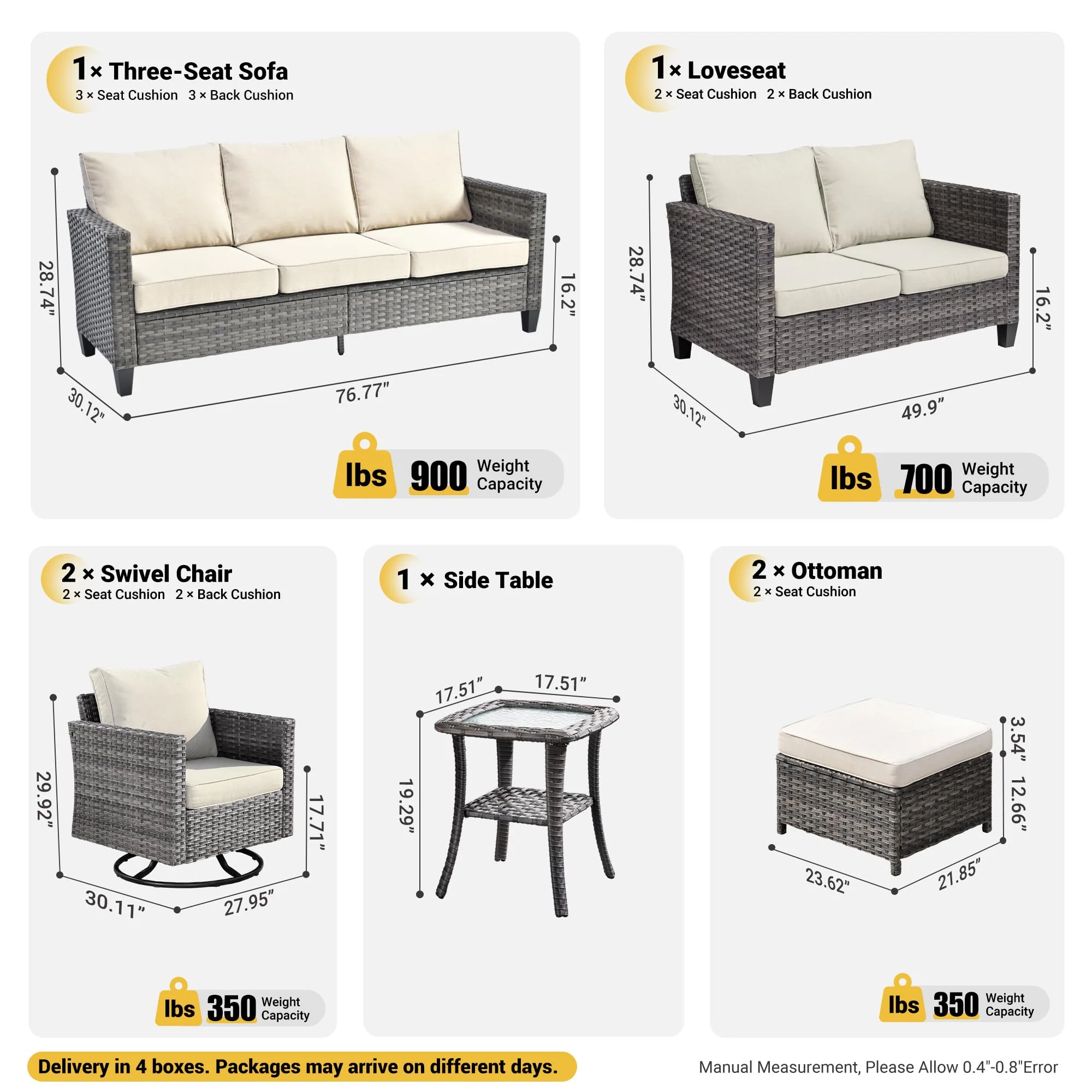 Ovios 7 Pieces Patio Furniture Set, Outdoor Wicker Sofa with Rocking Swivel Chairs
