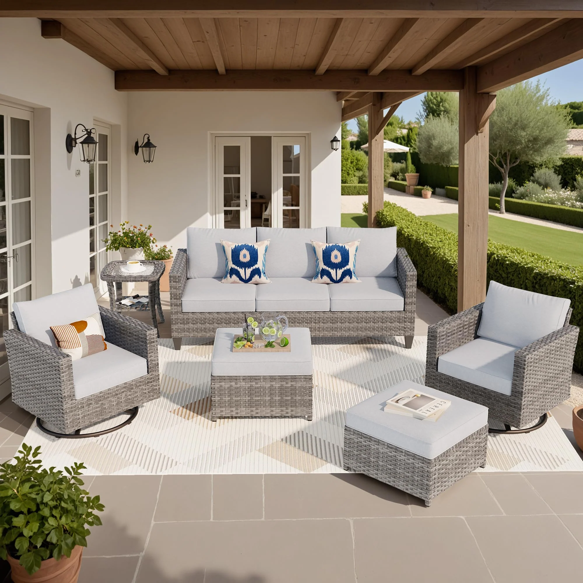 Ovios Patio Furniture Set 6-Piece with Swivel Rocking Chairs and Table