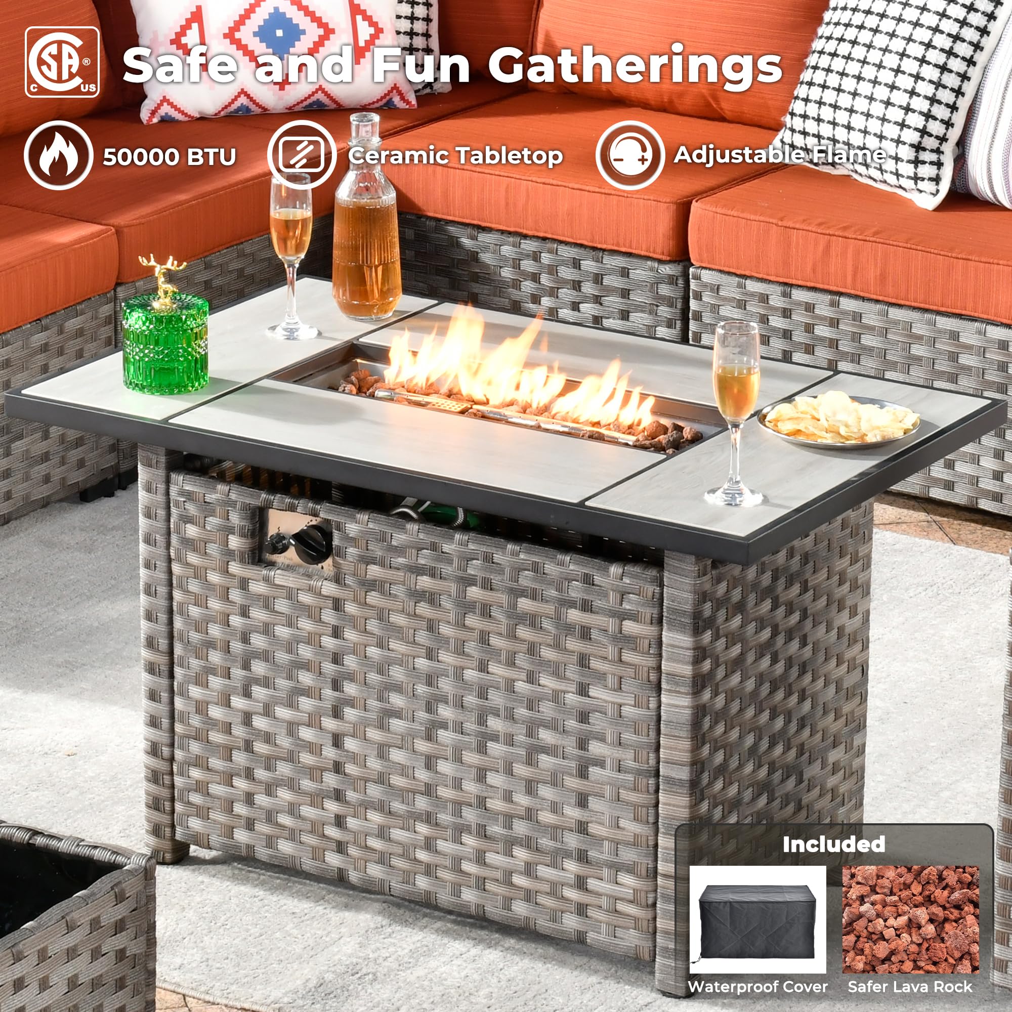 Ovios 13 Pieces Outdoor Furniture with 7.68'' Broad Handrails and Rectangle 42.12'' Fire Pit Table