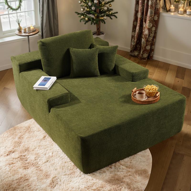 Ovios 49'' Boneless Chaise Lounge, Upholstered Sofa Bed with Throw Pillows and Armrests, Indoor Sleeper Chair- Luxurious Plush Corduroy Chair Bed for Living Room - No Assembly Required