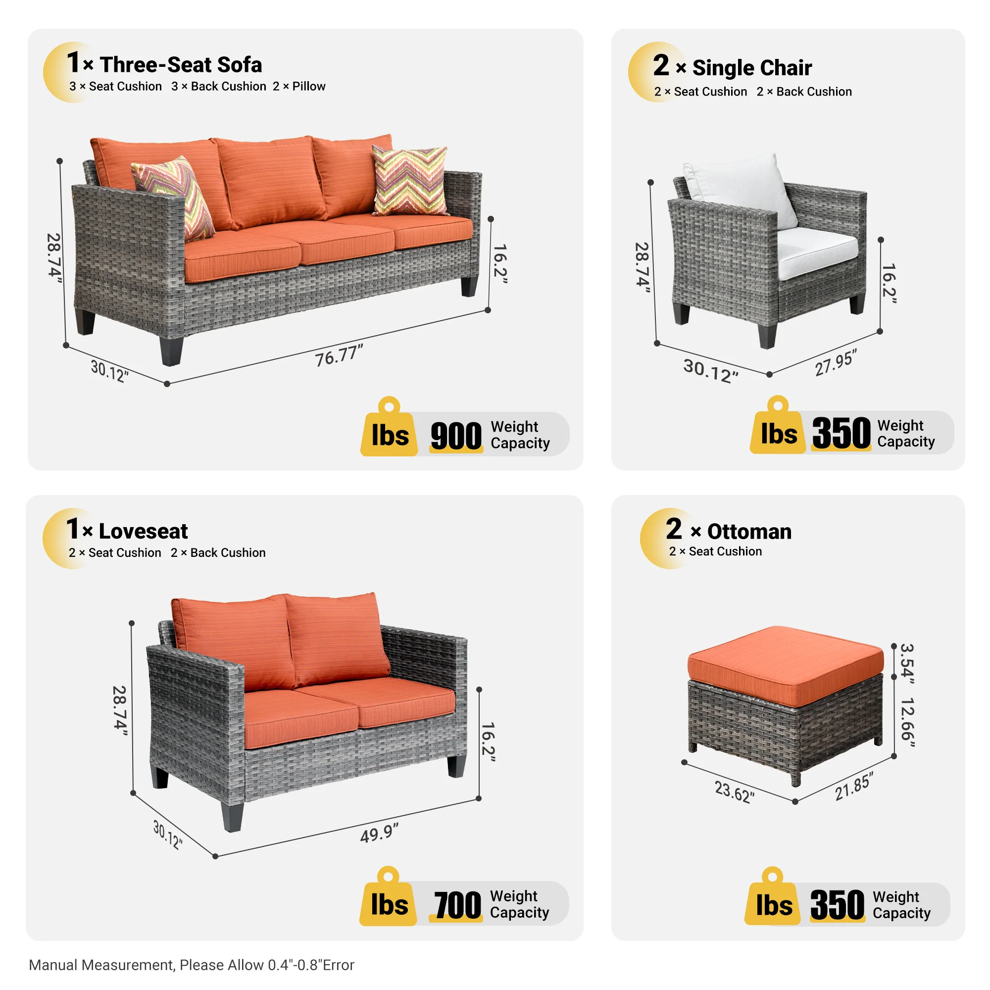 Ovios Patio Furniture Set New Vultros 7-Person High Back Sectional Sofa with Cushions