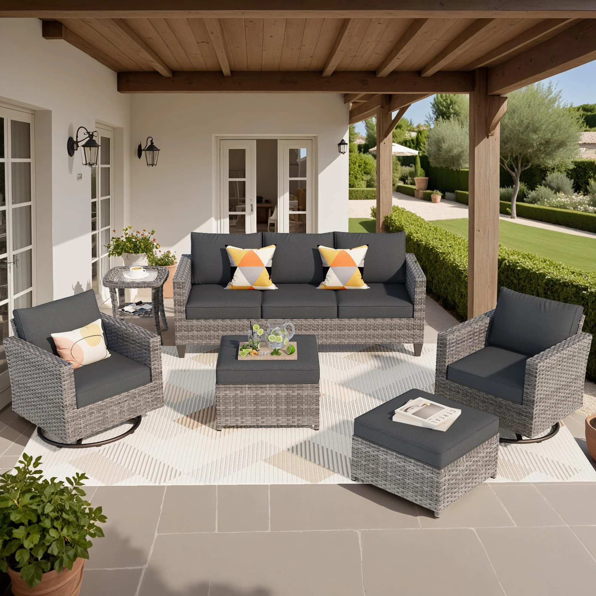 Ovios Patio Furniture Set 6-Piece with Swivel Rocking Chairs and Table