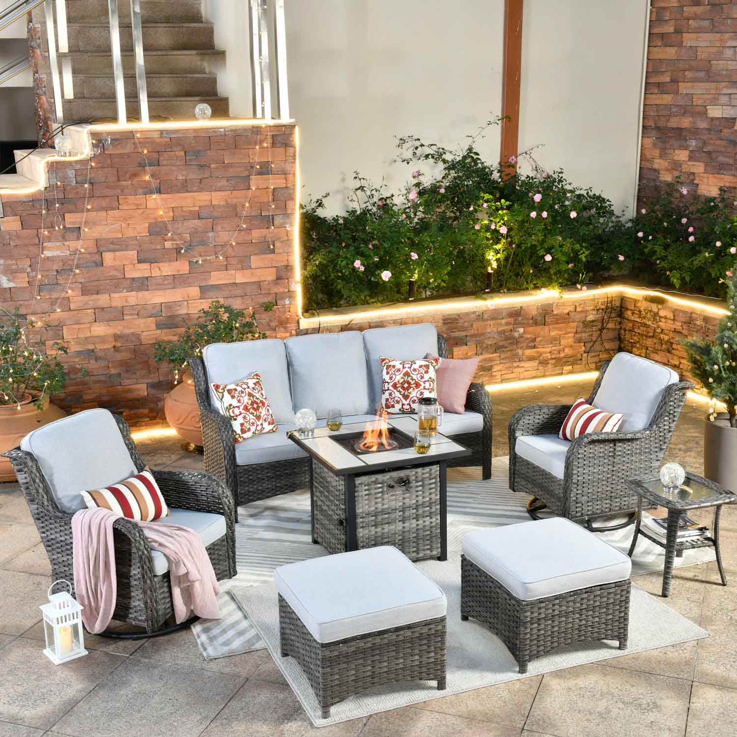 Ovios Outdoor Furniture 7-Piece with 30'' Fire Pit Table and Kenard 2 Rocking Chairs