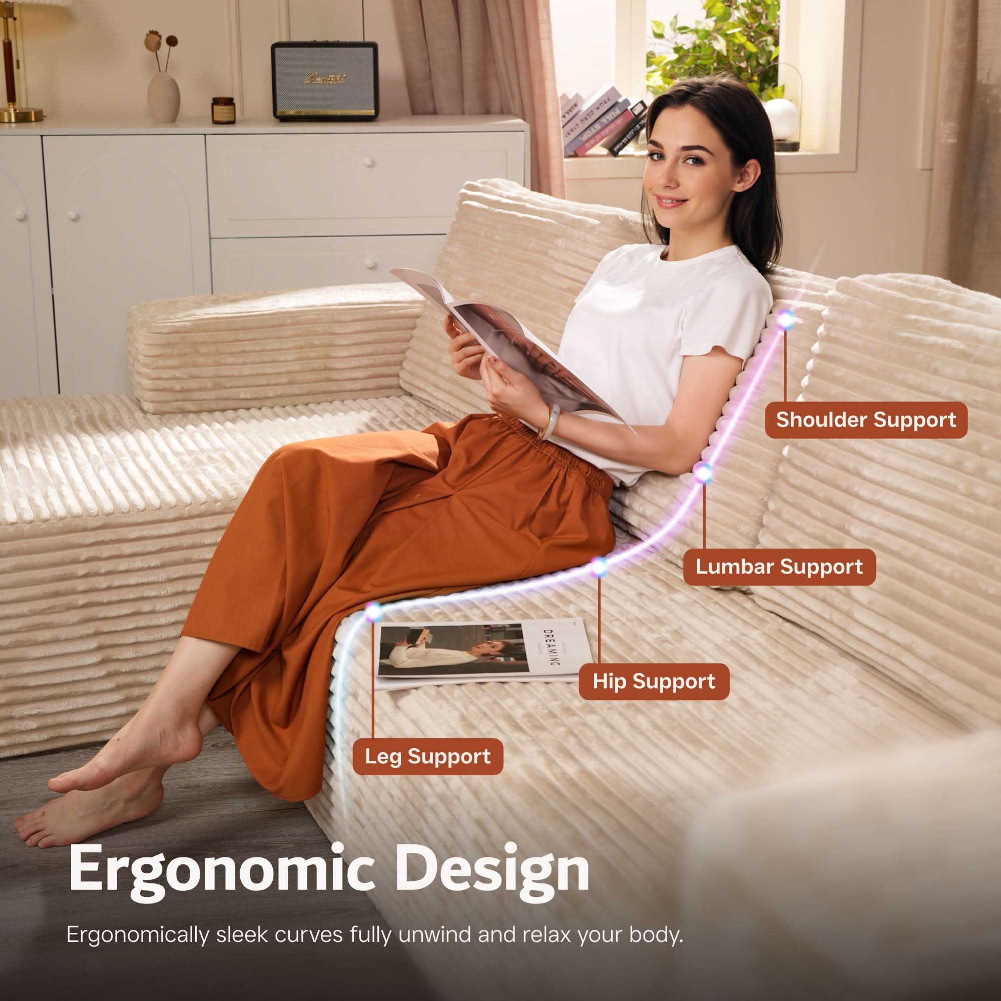 Ovios Cloud Couch U-Shaped,Plush Corduroy Sofa,No Assembly Required