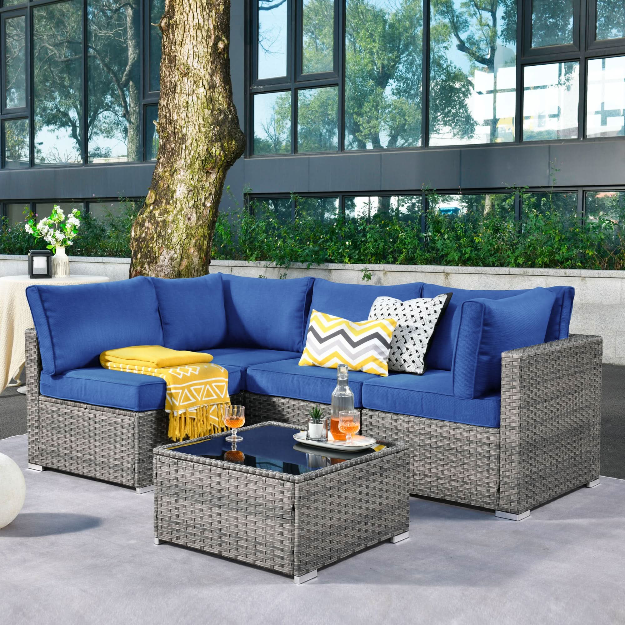 Ovios Outdoor 5 Piece Coversation Set with Coffee Table,Sectional Patio Furniture Set with All-Weather Wicker Sofa