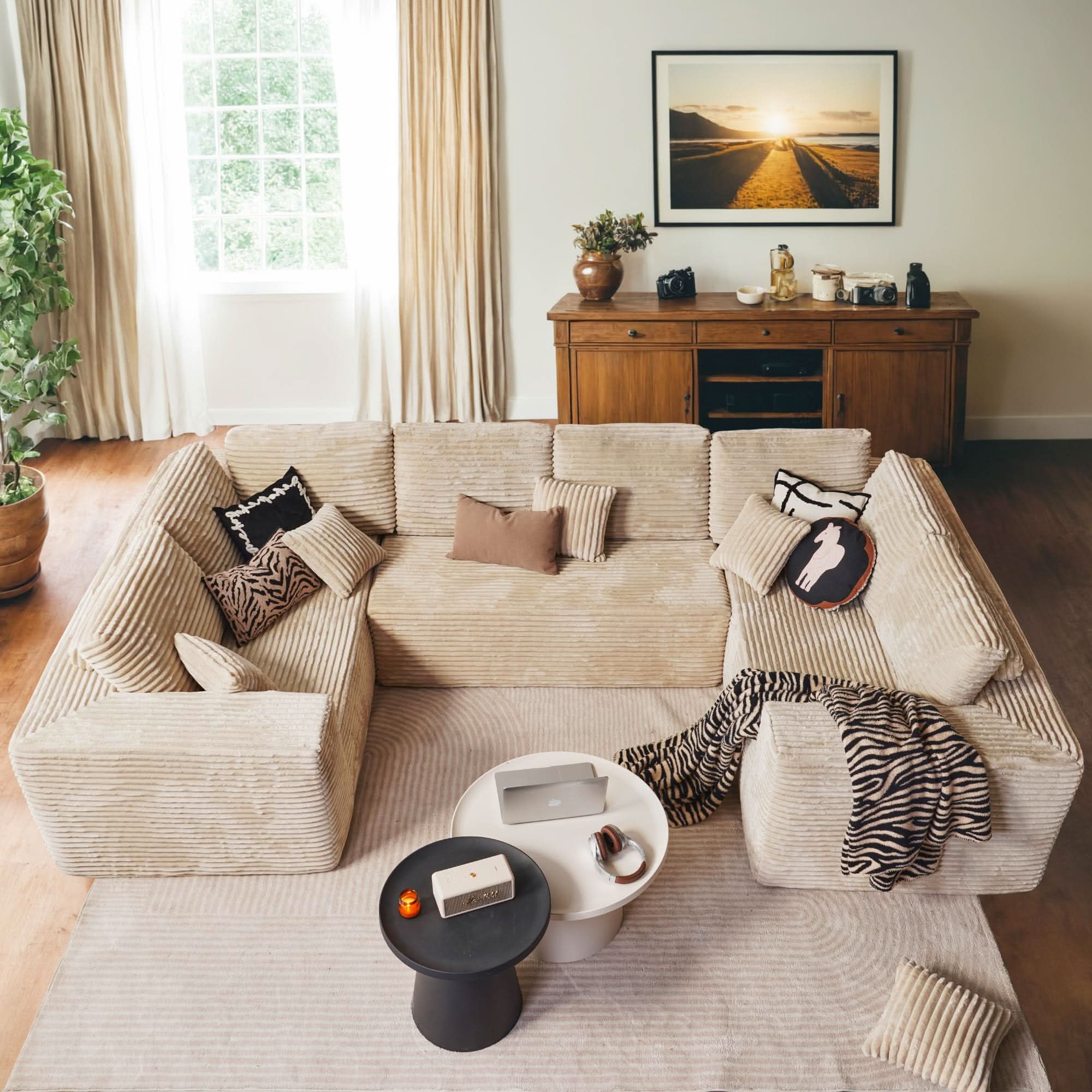 Ovios sectional cloud couch, living room U-shaped sofa, plush corduroy, memory foam, no assembly required.