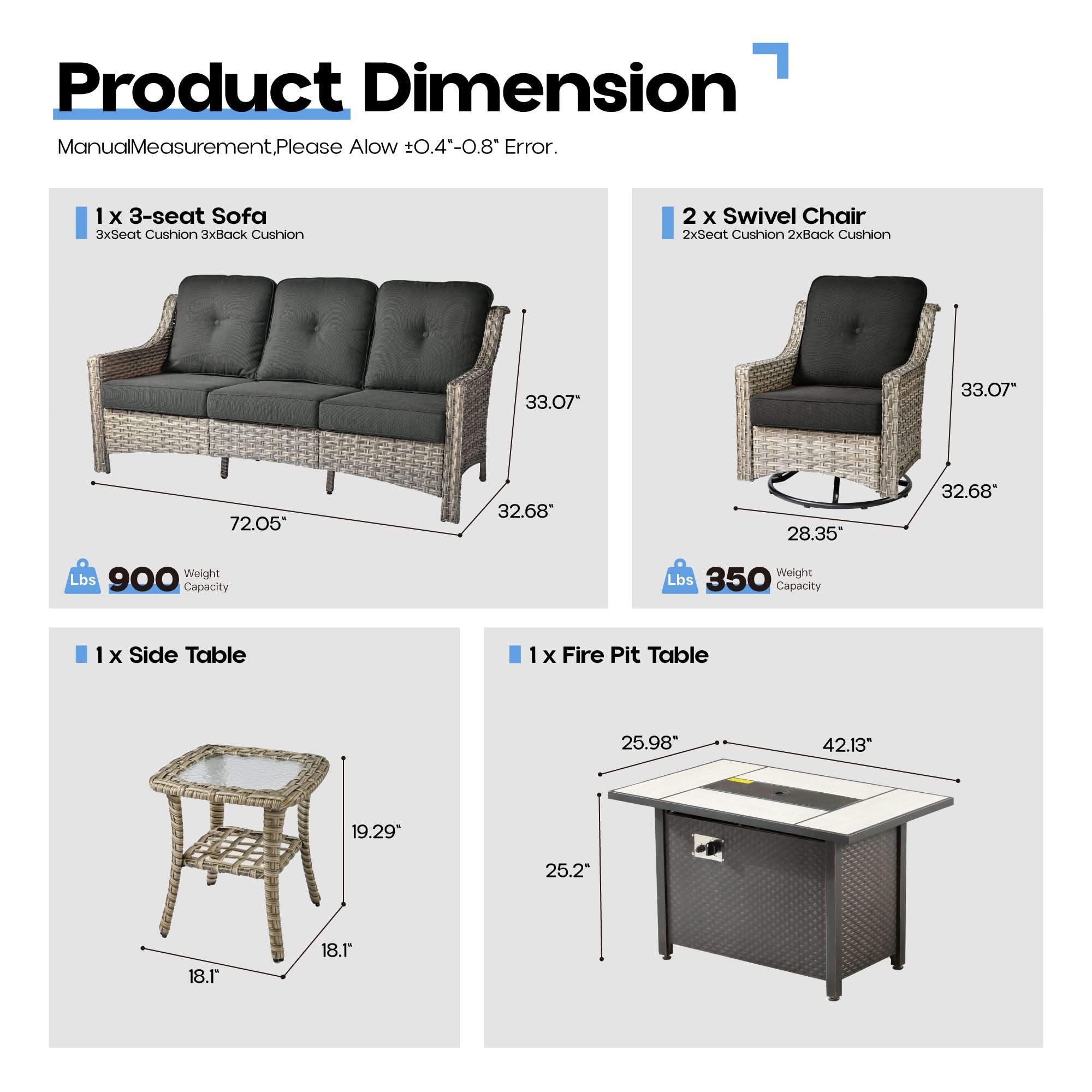 Ovios Outdoor 5 Pieces Coversation Set with 42
