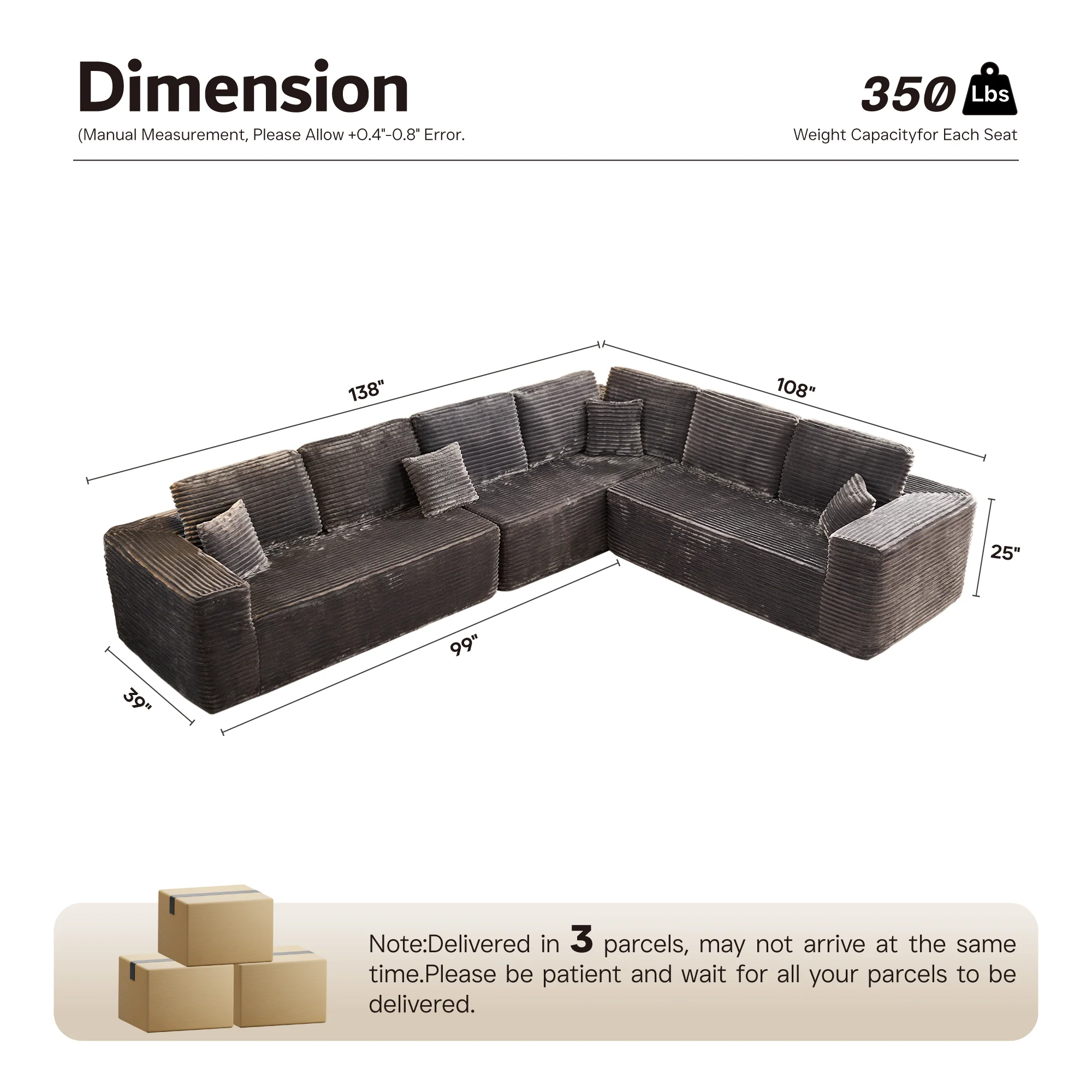 Ovios L-Shaped Cloud Sectional Sofa with Chaise - Plush Corduroy, Memory Foam & No Assembly