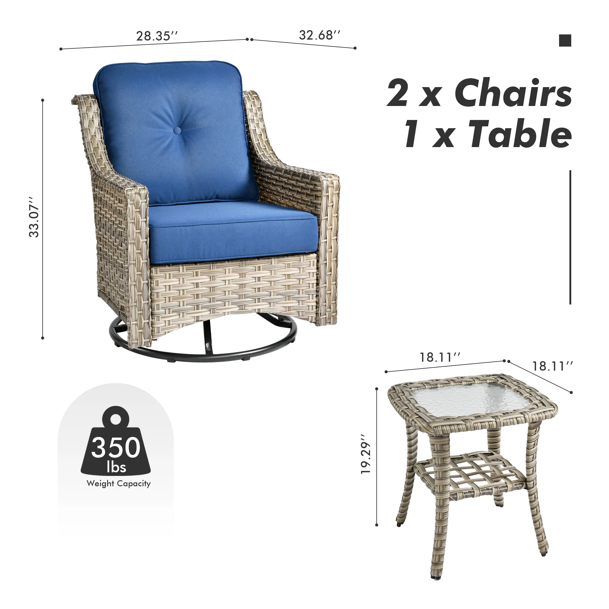 Ovios Conversation Set 3-Piece PAD Series,Swivel Chair