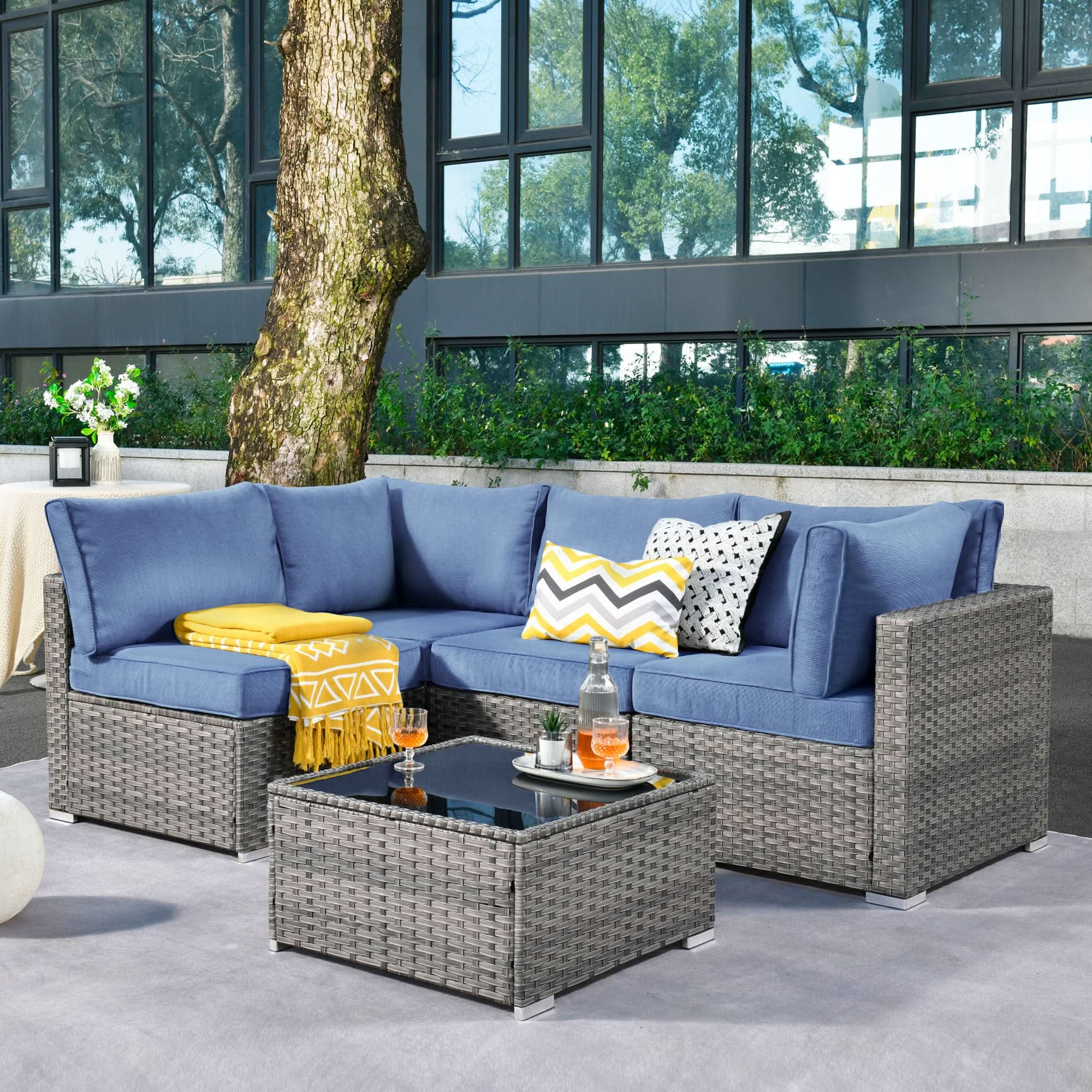 Ovios Outdoor 5 Piece Coversation Set with Coffee Table,Sectional Patio Furniture Set with All-Weather Wicker Sofa