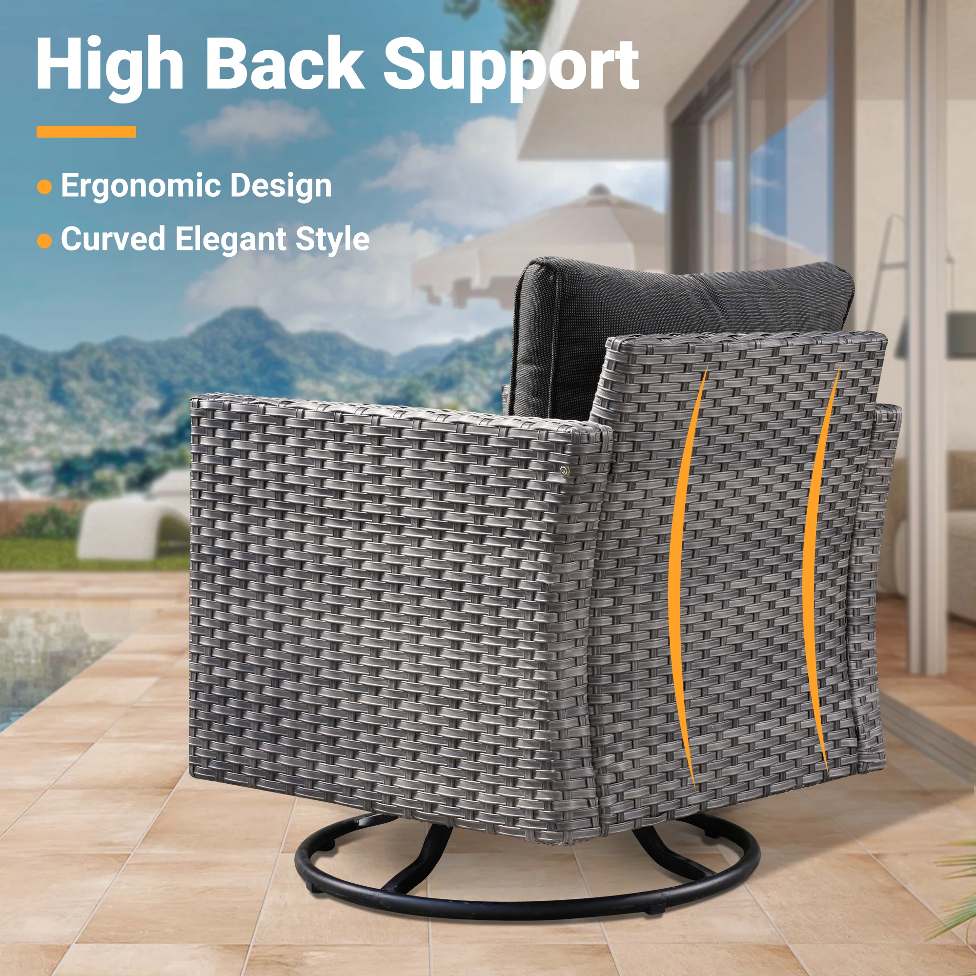 Ovios Patio Vultros 7-Piece Set With Swivel Chair and Rectangle 42'' Propane Fire Pit Table