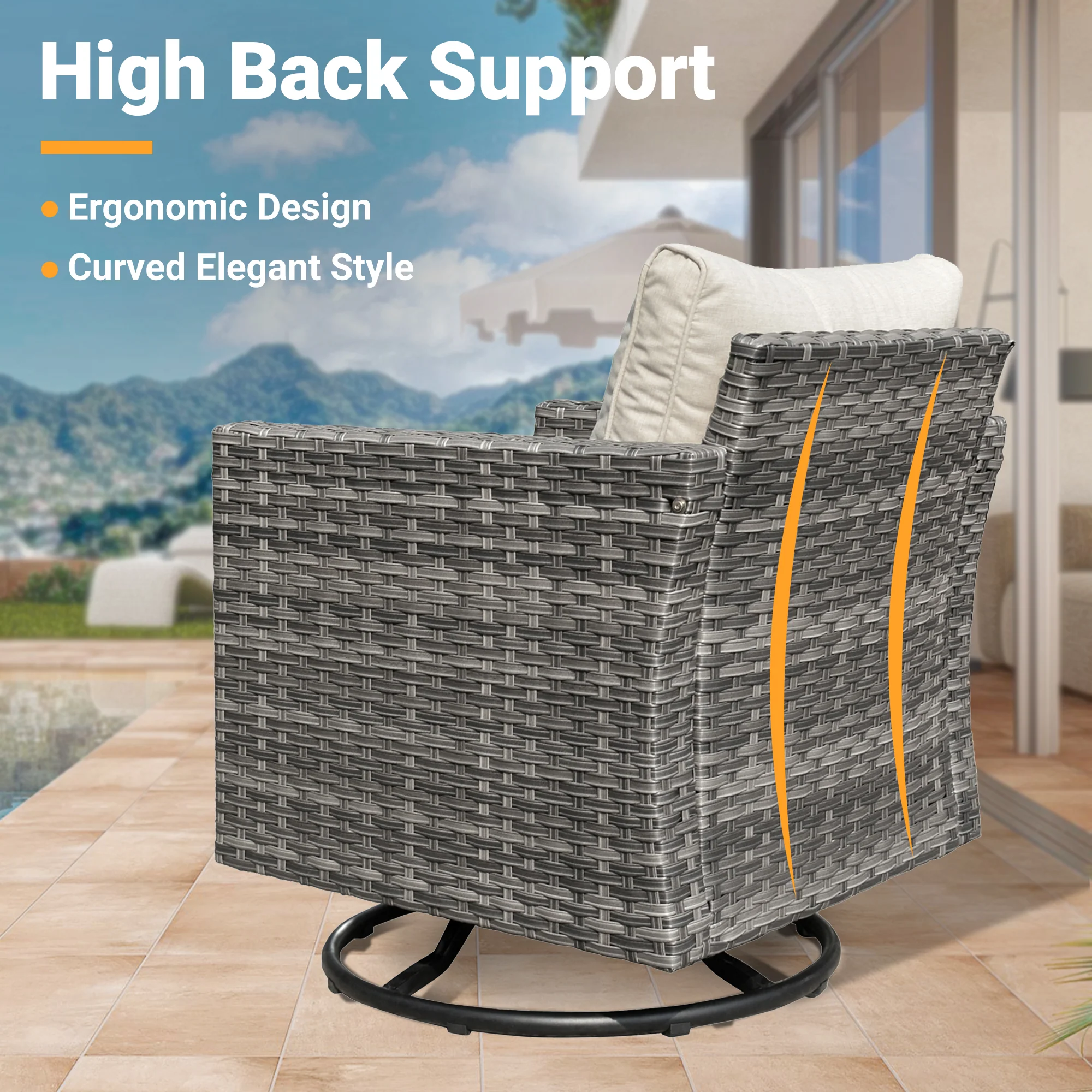 Ovios Patio Vultros 7-Piece Set With Swivel Chair and Rectangle 42'' Propane Fire Pit Table