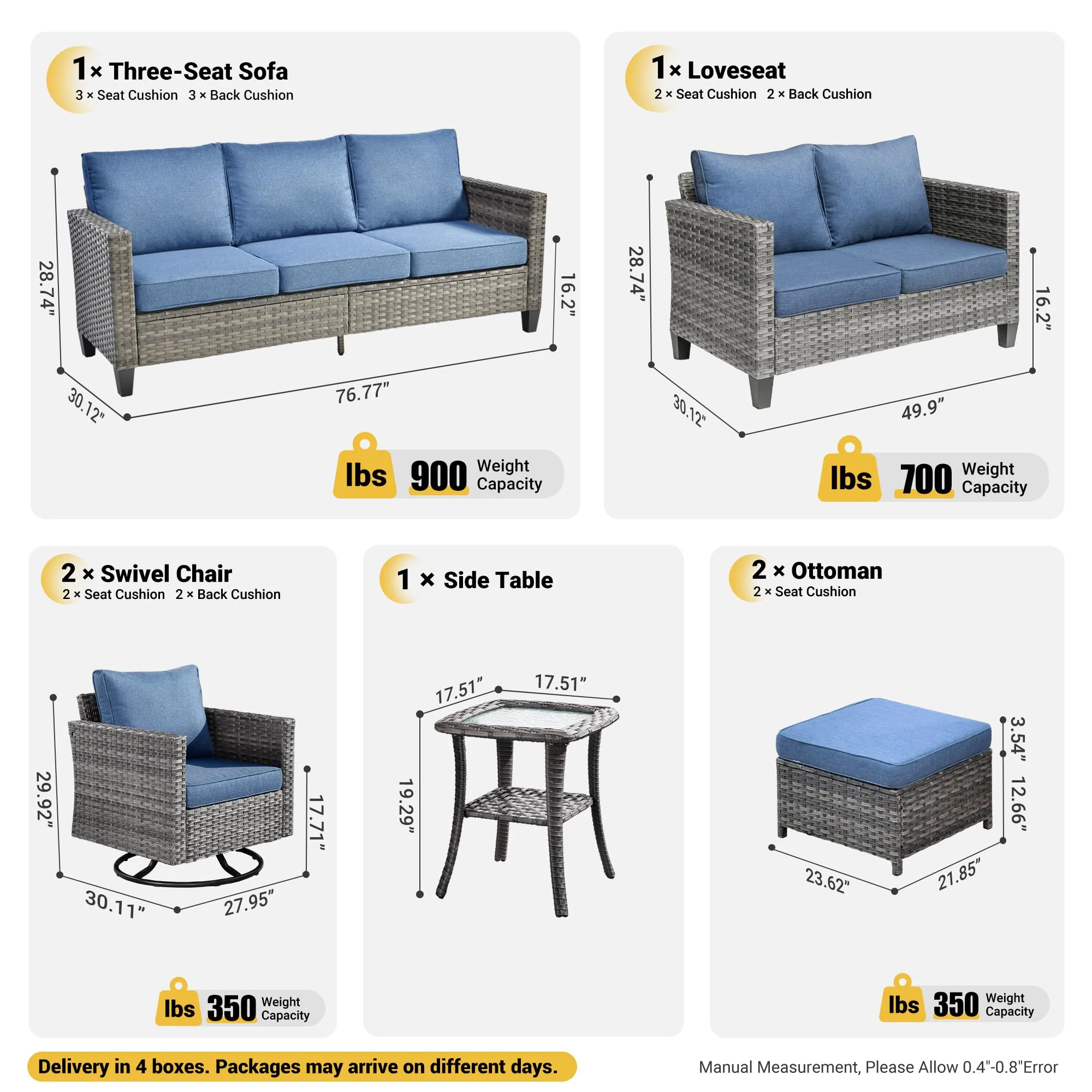 Ovios 7 Pieces Patio Furniture Set, Outdoor Wicker Sofa with Rocking Swivel Chairs