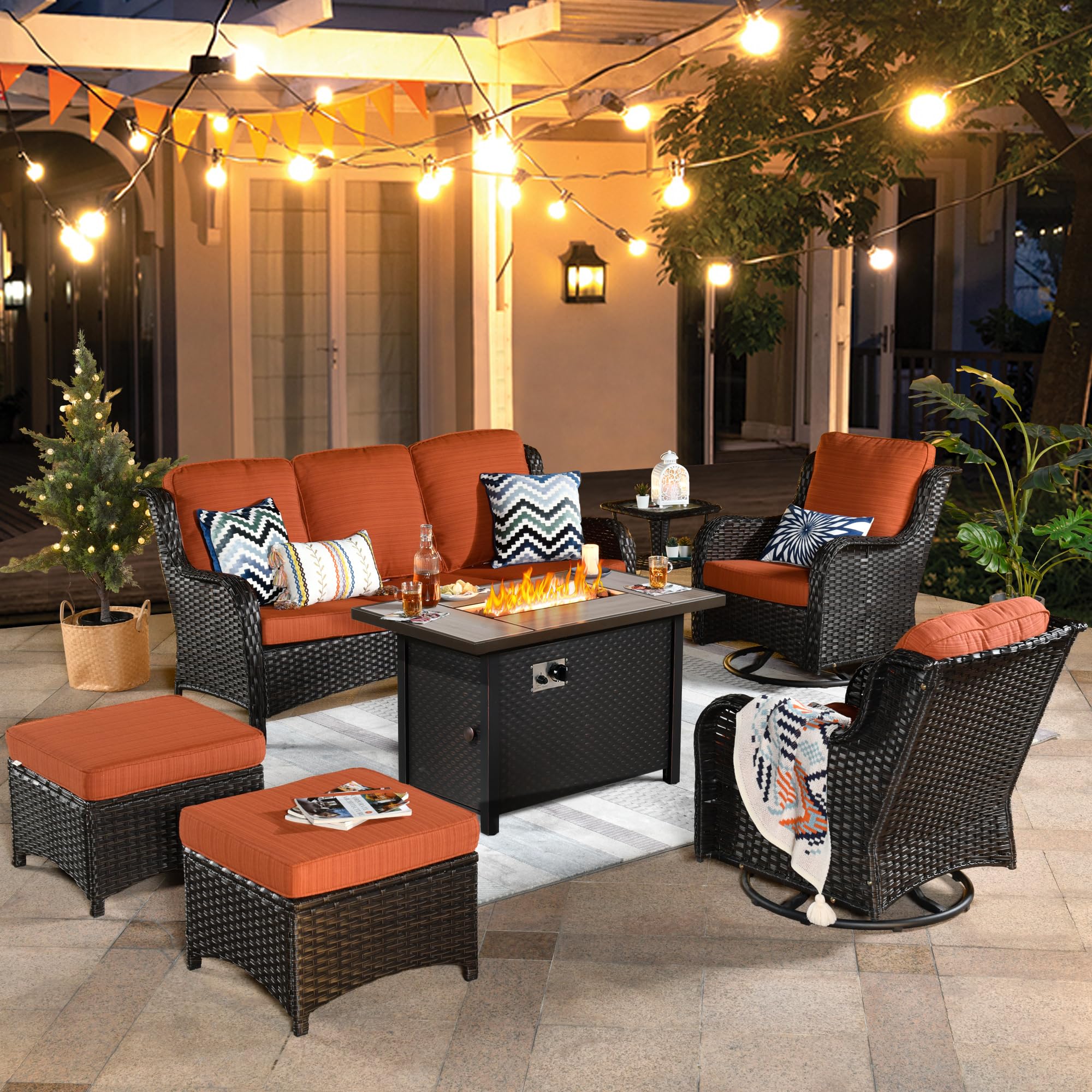 Ovios Outdoor Furniture 7-Piece with 42'' Fire Pit Table and Kenard 2 Rocking Chairs
