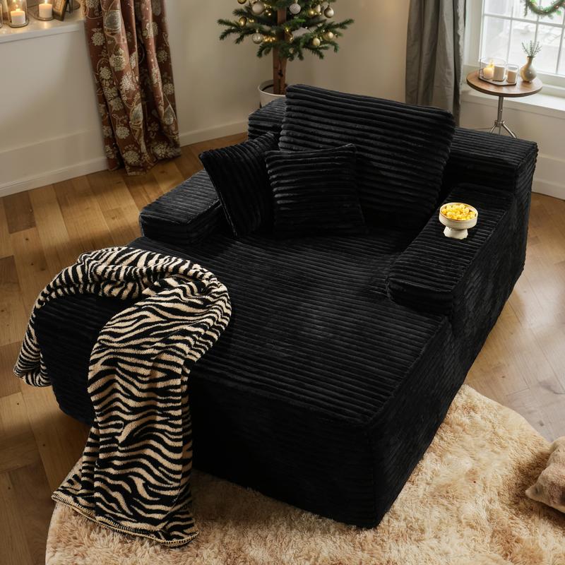 Ovios 49'' Boneless Chaise Lounge, Upholstered Sofa Bed with Throw Pillows and Armrests, Indoor Sleeper Chair- Luxurious Plush Corduroy Chair Bed for Living Room - No Assembly Required