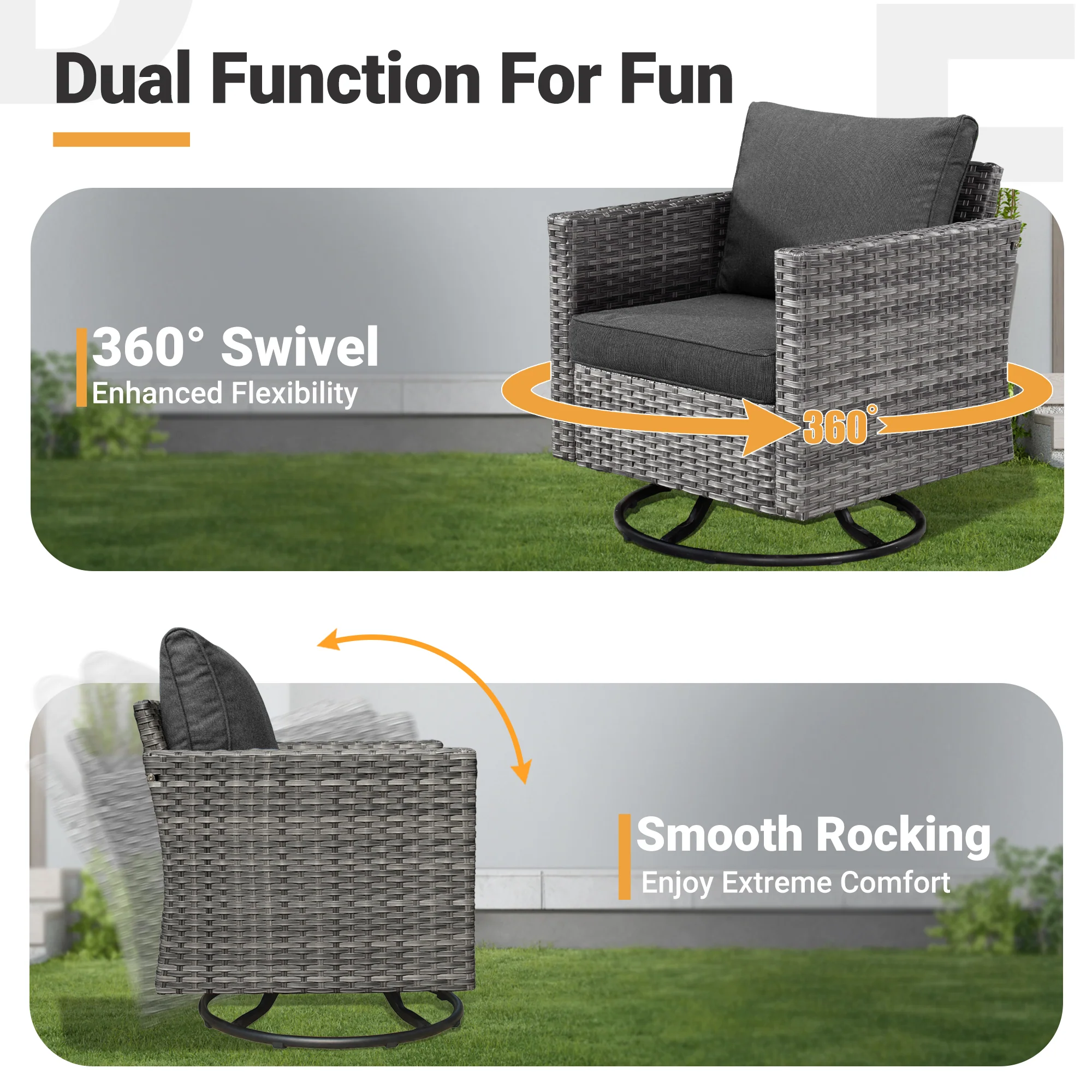 Ovios Patio Vultros 7-Piece Set With Swivel Chair and Rectangle 42'' Propane Fire Pit Table