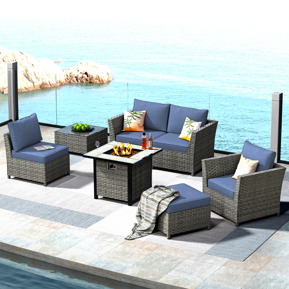 Ovios Patio Furniture Set New Rimaru 7-Piece Set include 30'' Square Fire Pit Table Partially Assembled