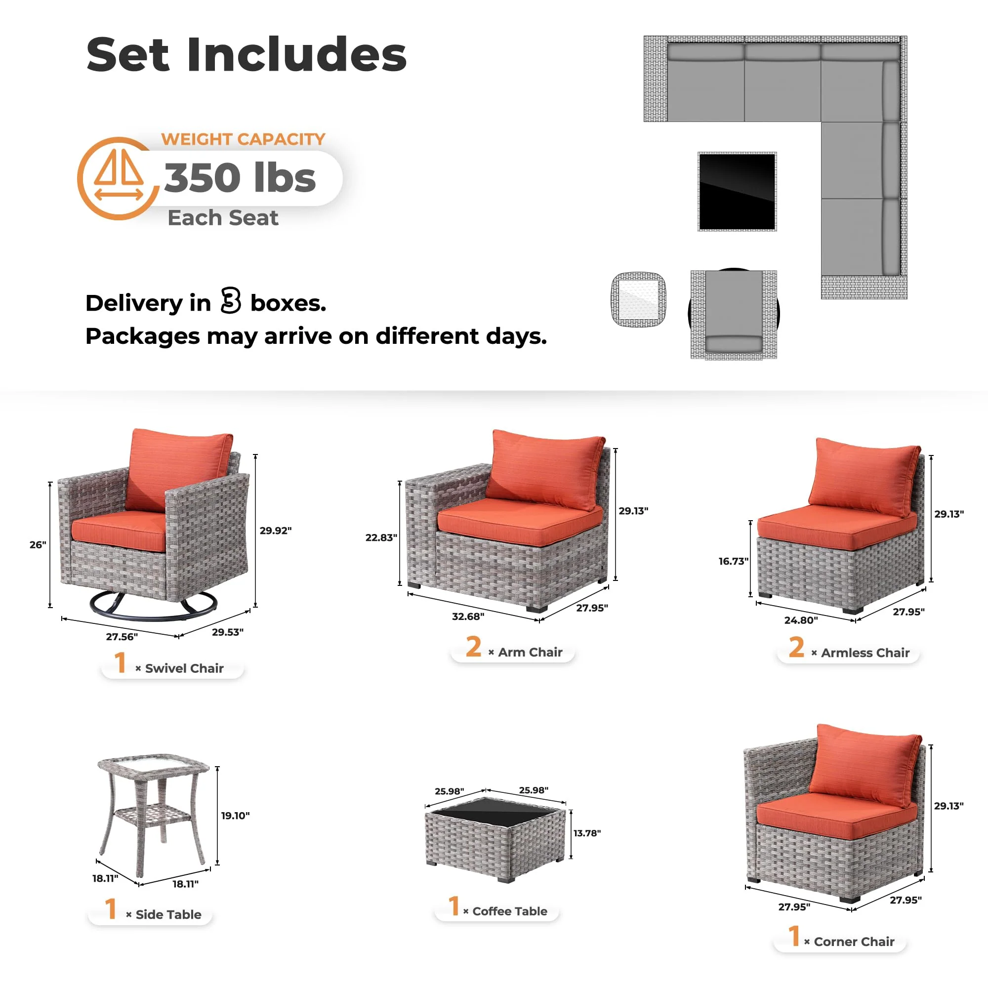 Ovios 8 Pieces Patio Furniture Set, Outdoor Sectional Sofa with Swivel Rocking Chair