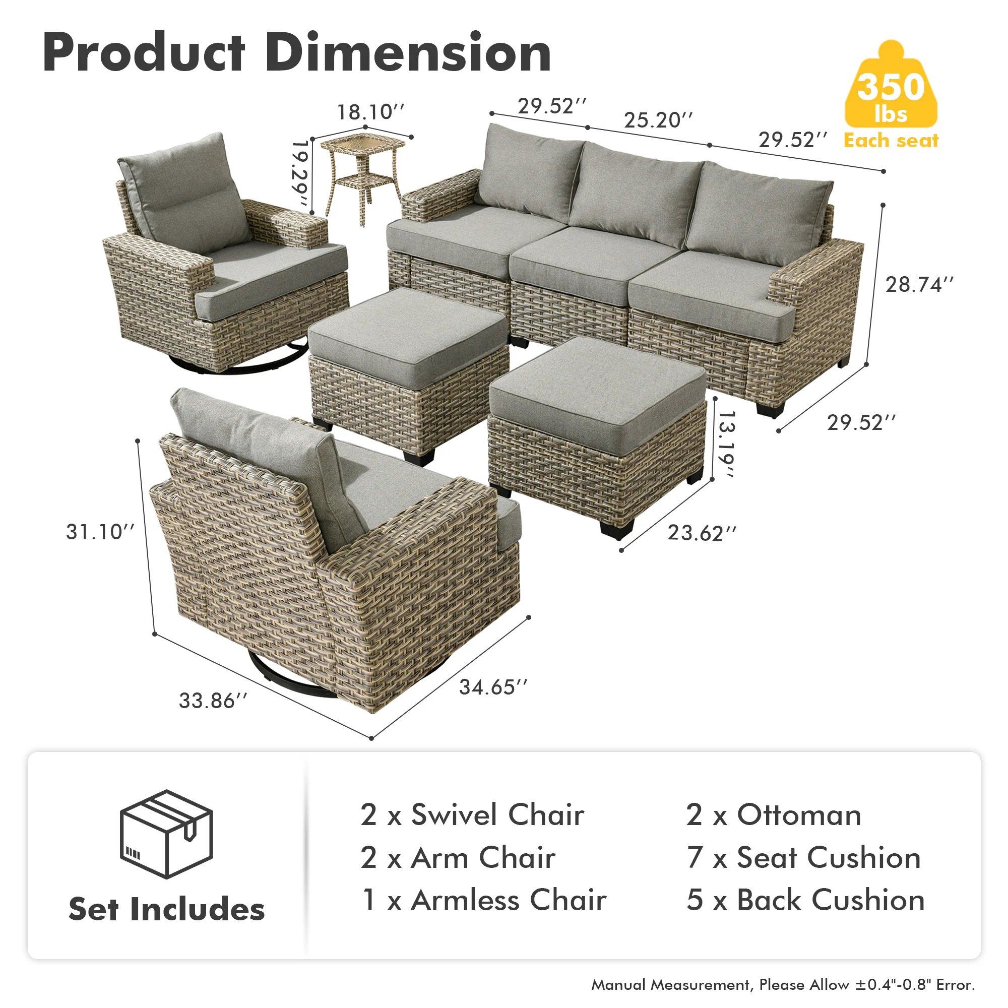 TBS Series - Sectional Patio Furniture Set 8-Piece, Included Swivel Chair