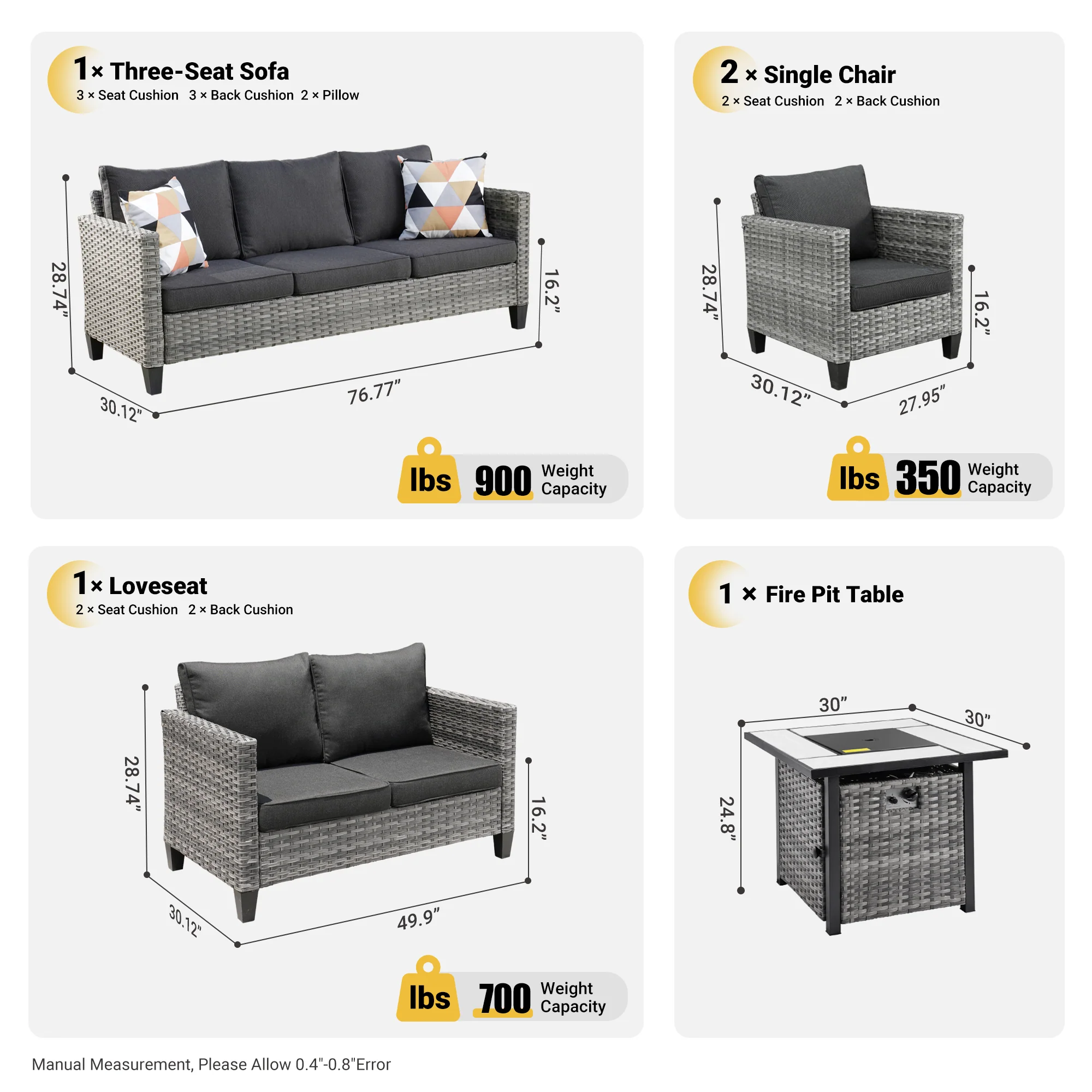 Ovios Patio Vultros Furniture Set 7-Person Seating with 30'' Propane Fire Pit Table
