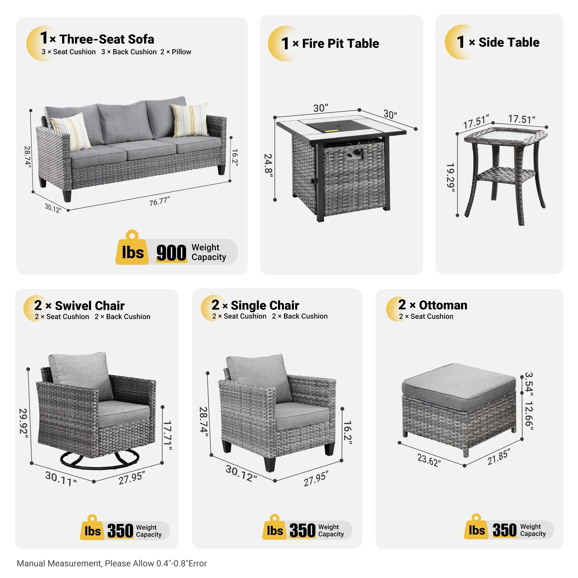 Ovios Patio Vultros 9-Piece Set with 2 Swivel Chairs and 30'' Propane Fire Pit Table