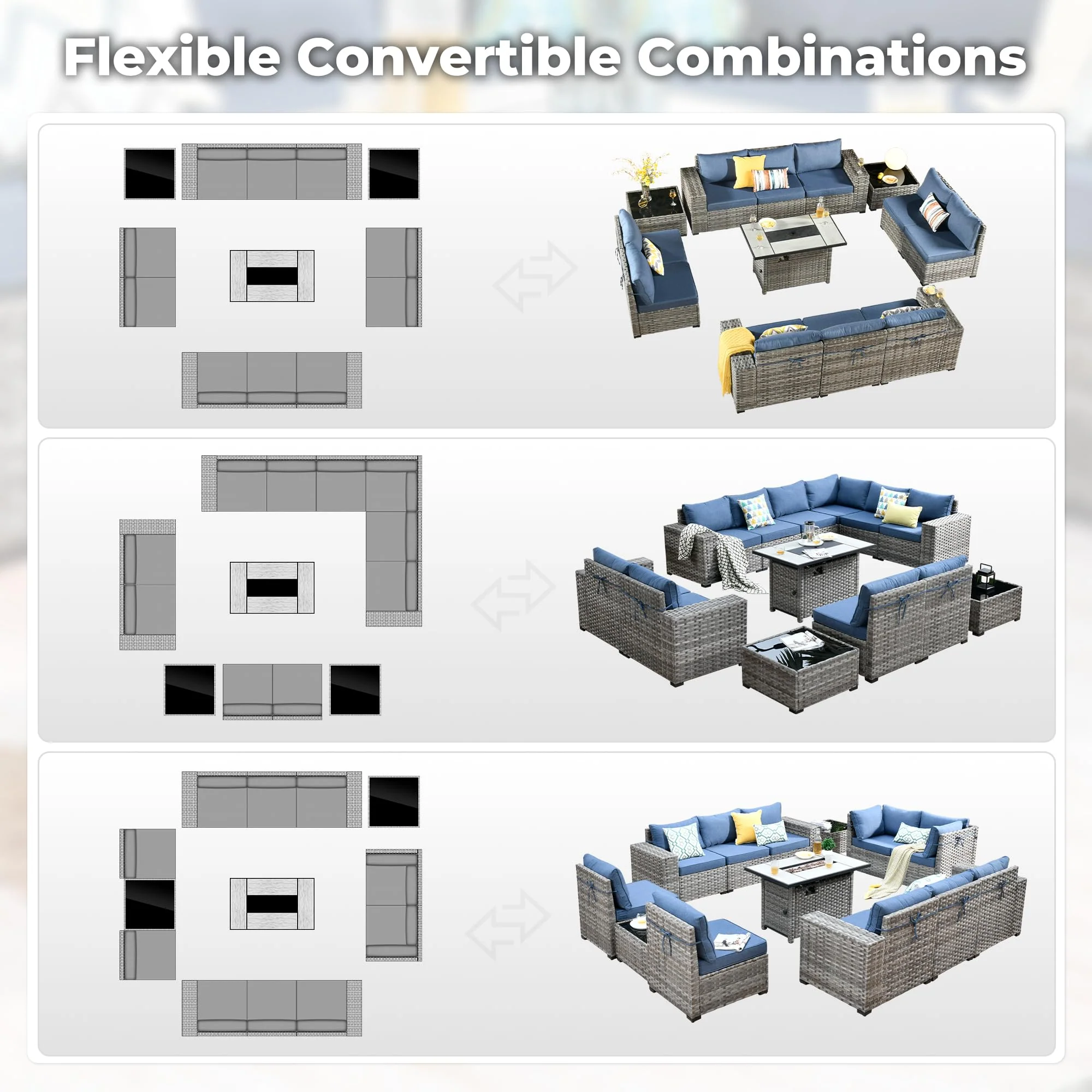 Ovios 13 Pieces Outdoor Furniture with 7.68'' Broad Handrails and Rectangle 42.12'' Fire Pit Table