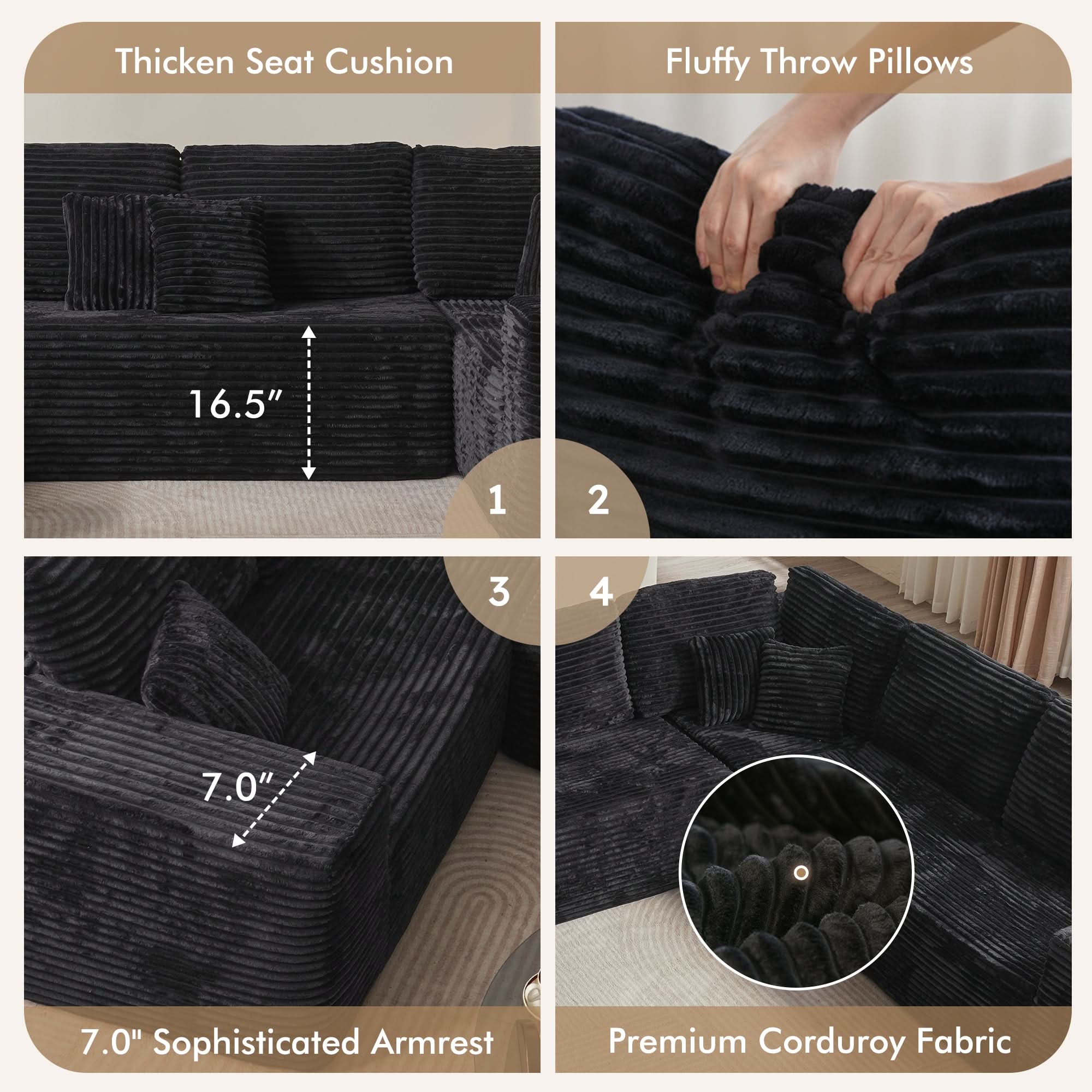 Ovios L-Shaped Cloud Sectional Sofa with Chaise - Plush Corduroy, Memory Foam & No Assembly