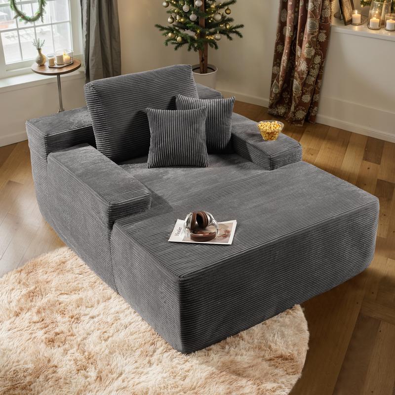 Ovios 49'' Boneless Chaise Lounge, Upholstered Sofa Bed with Throw Pillows and Armrests, Indoor Sleeper Chair- Luxurious Plush Corduroy Chair Bed for Living Room - No Assembly Required