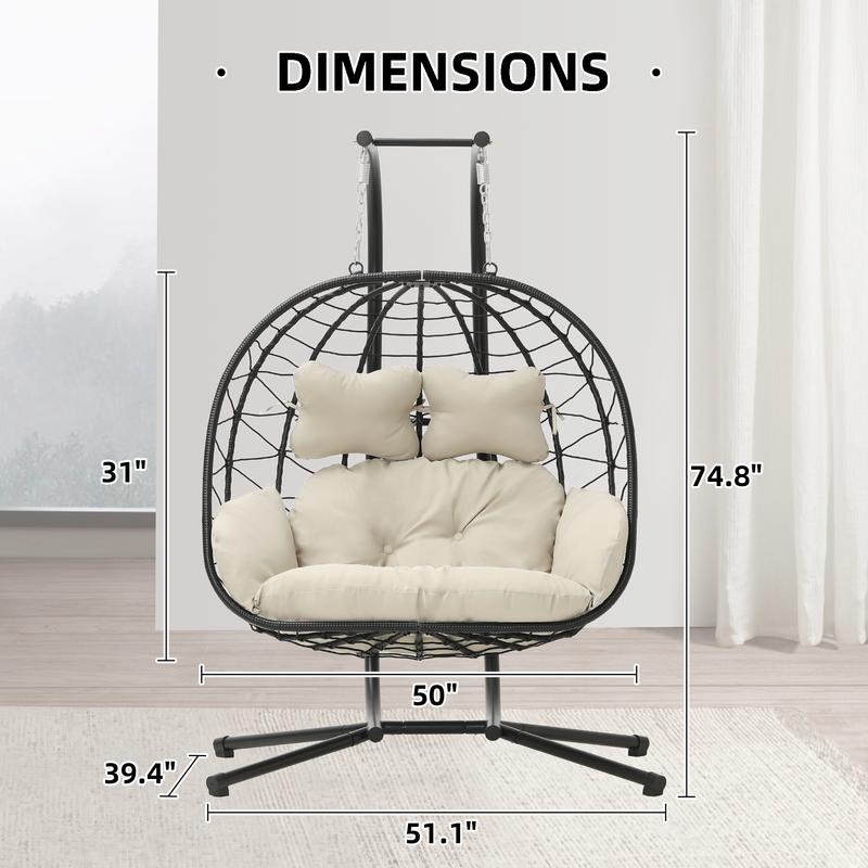 RIWENGO Double Hanging Egg Chair with Weather-Resistant Cushion, 700lbs Capacity - Foldable Patio Swing Chair with Handwoven PE Wicker & Rust-Proof Frame, for Garden, Porch, Backyard