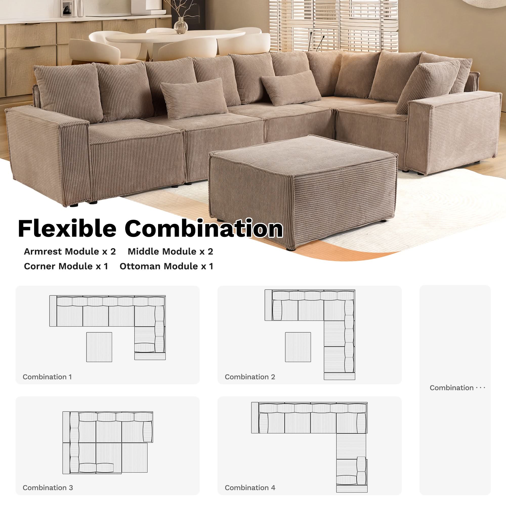 Ovios Living Room Modular Couch 6-Pieces Set, Wide Armrests