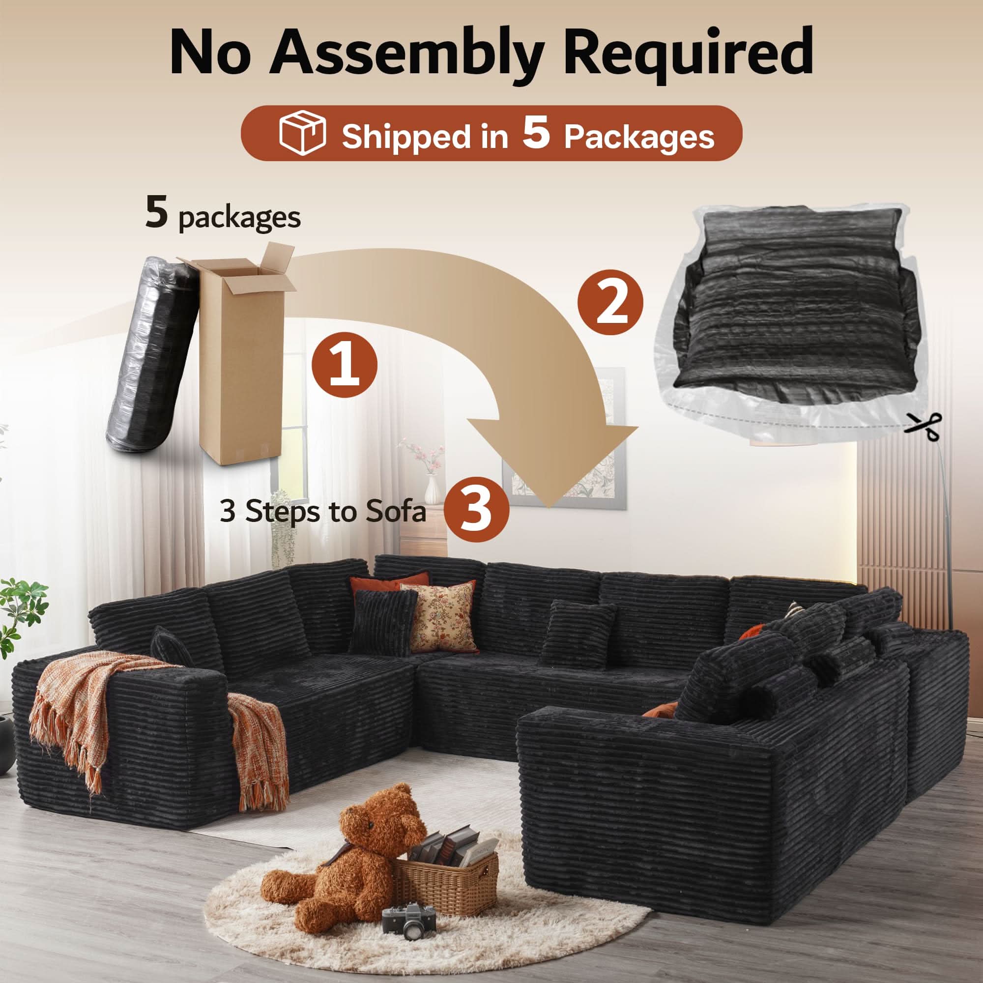 Ovios Modular Cloud Sofa Corduroy with Memory Foam, U-Shaped Chaise, No Assembly Required