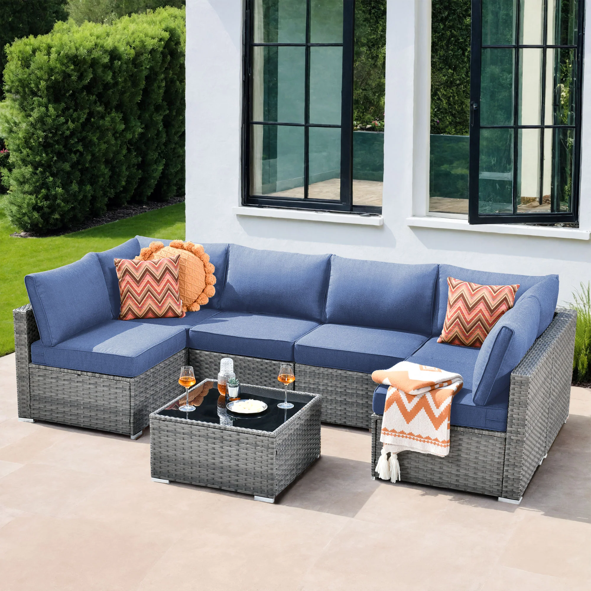 Ovios Outdoor Sectional Furniture 7-Piece with Cushions and Table