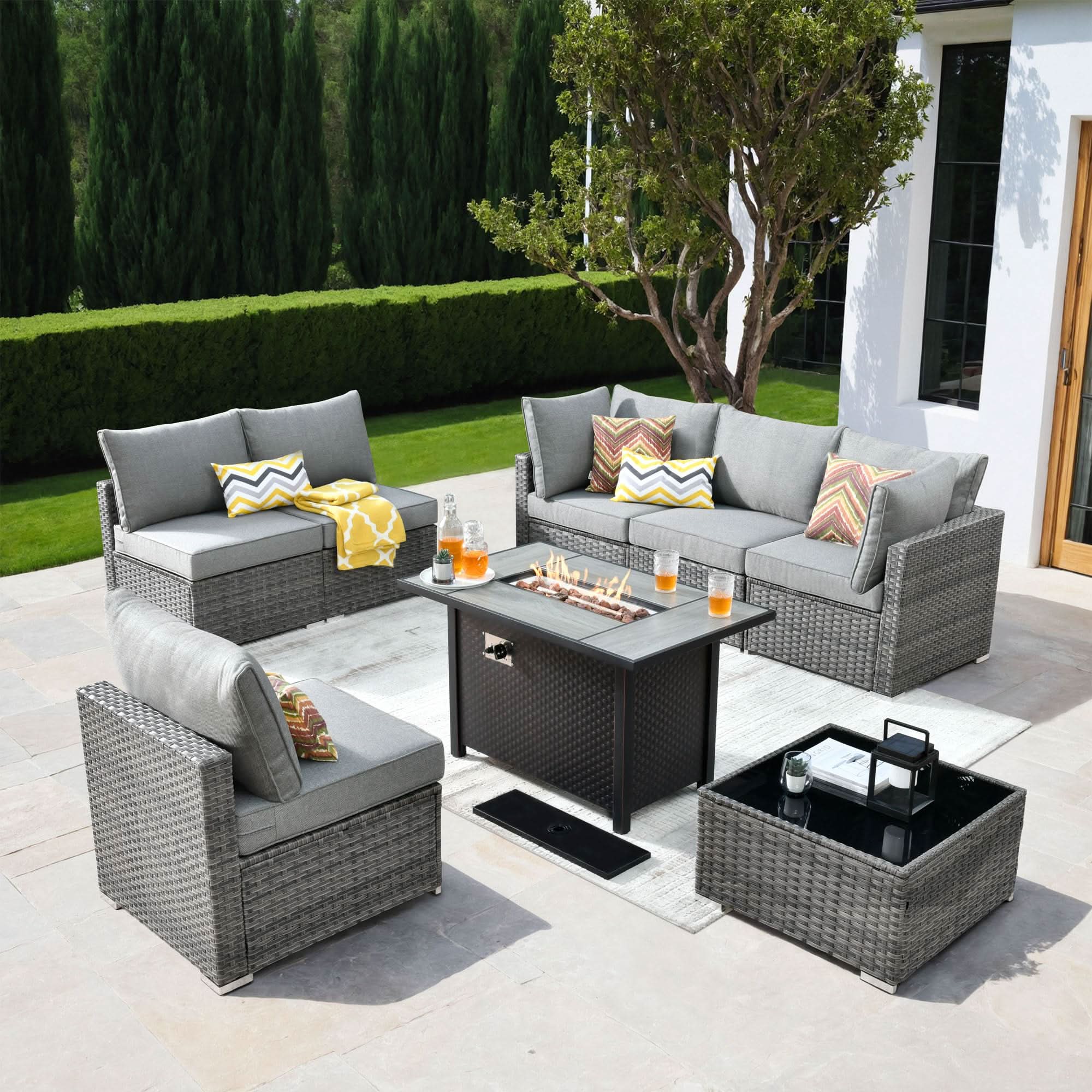 Ovios Outdoor 8 Piece Patio Furniture Set with Fire Pit Table,Conversation Sectional Wicker Couch with Coffee Table