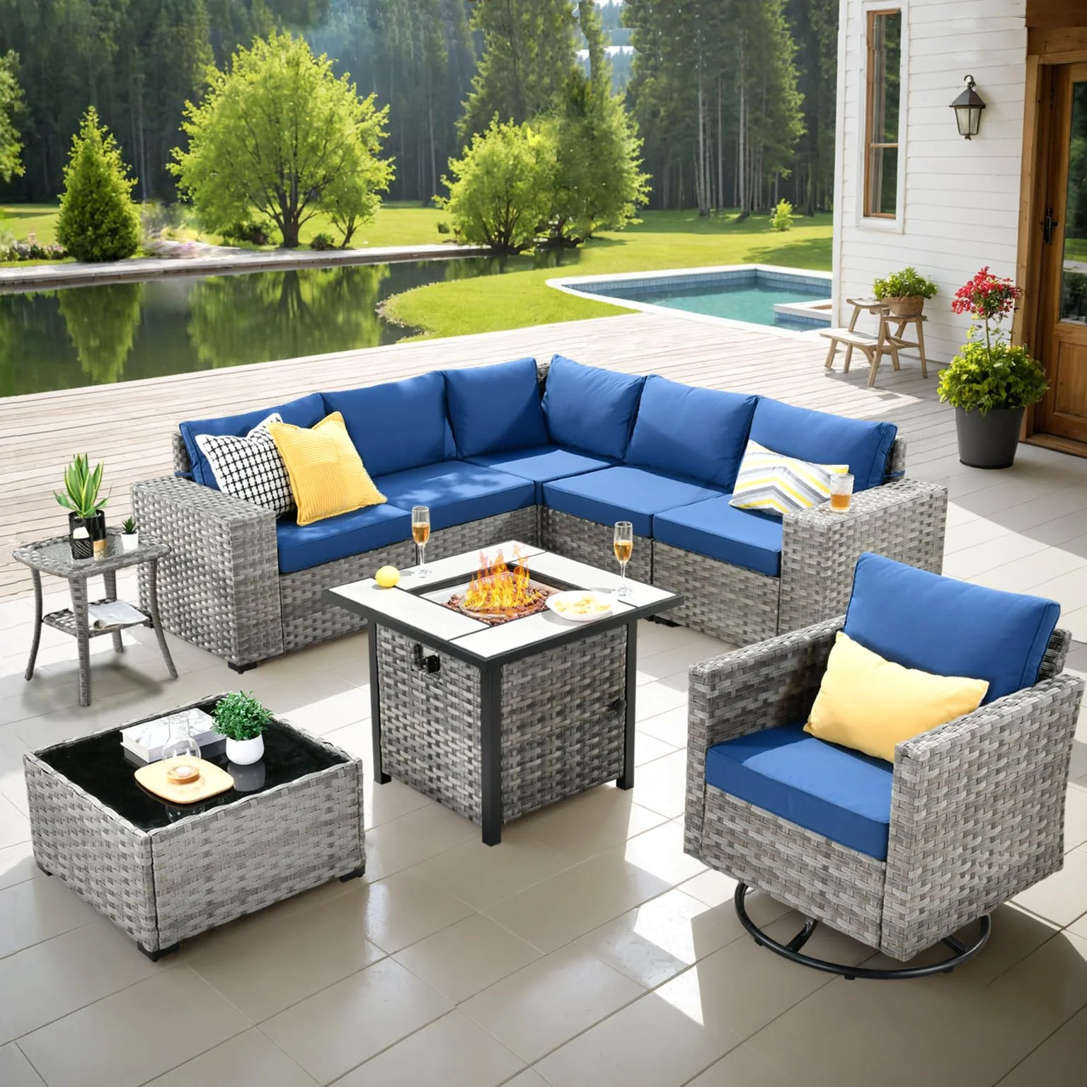 Ovios 9 Pieces Patio Furniture Set, Outdoor Sectional Sofa with Swivel Rocking Chair, 30