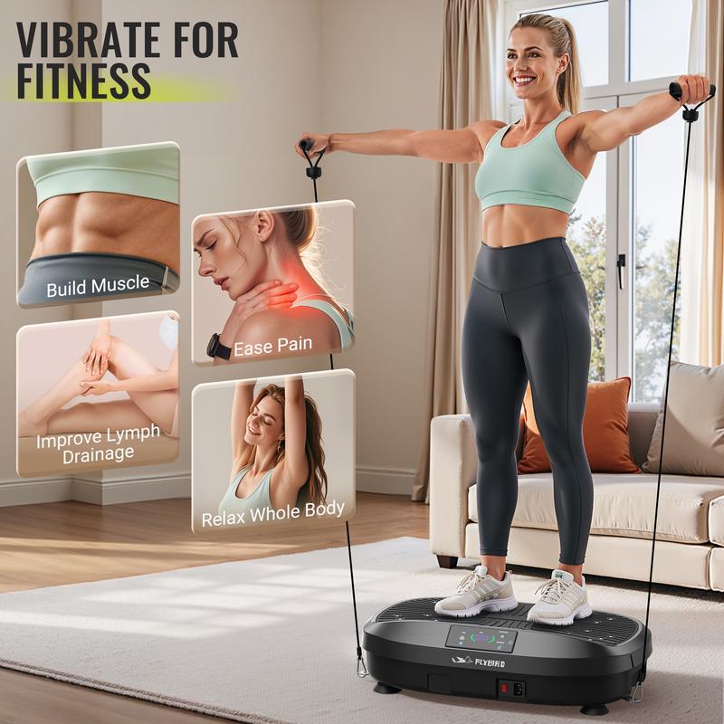 FLYBIRD Vibration Plate Exercise Machine with 330LBS Loading Capacity, Lymphatic Drainage Machine, Whole Body Workout Vibration Platform w/ 2 Resistance Bands for Fitness